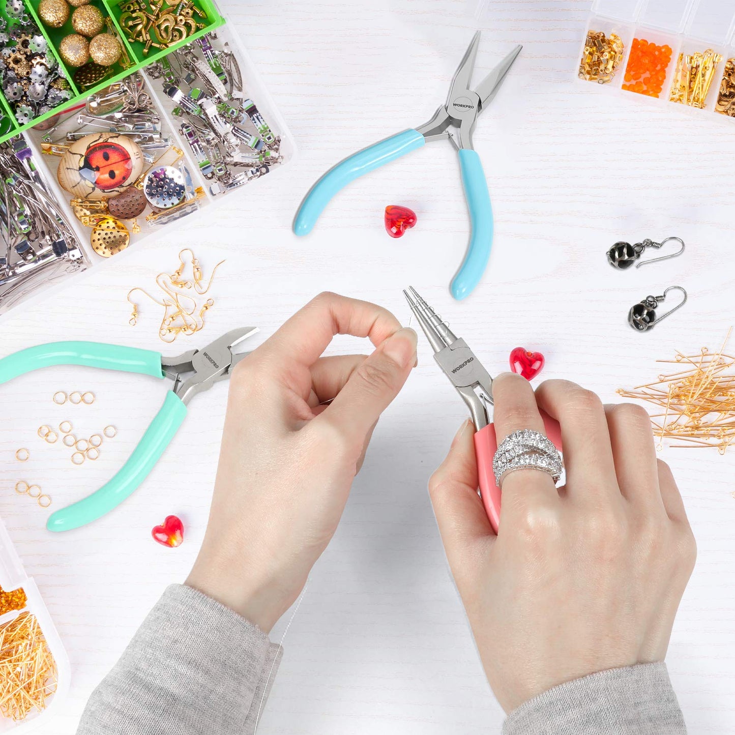 WORKPRO 5-Piece Jewelry Pliers Kit - Round Nose, Chain Nose, Wire Cutters, Pointed & Curved Tweezers, Case Included