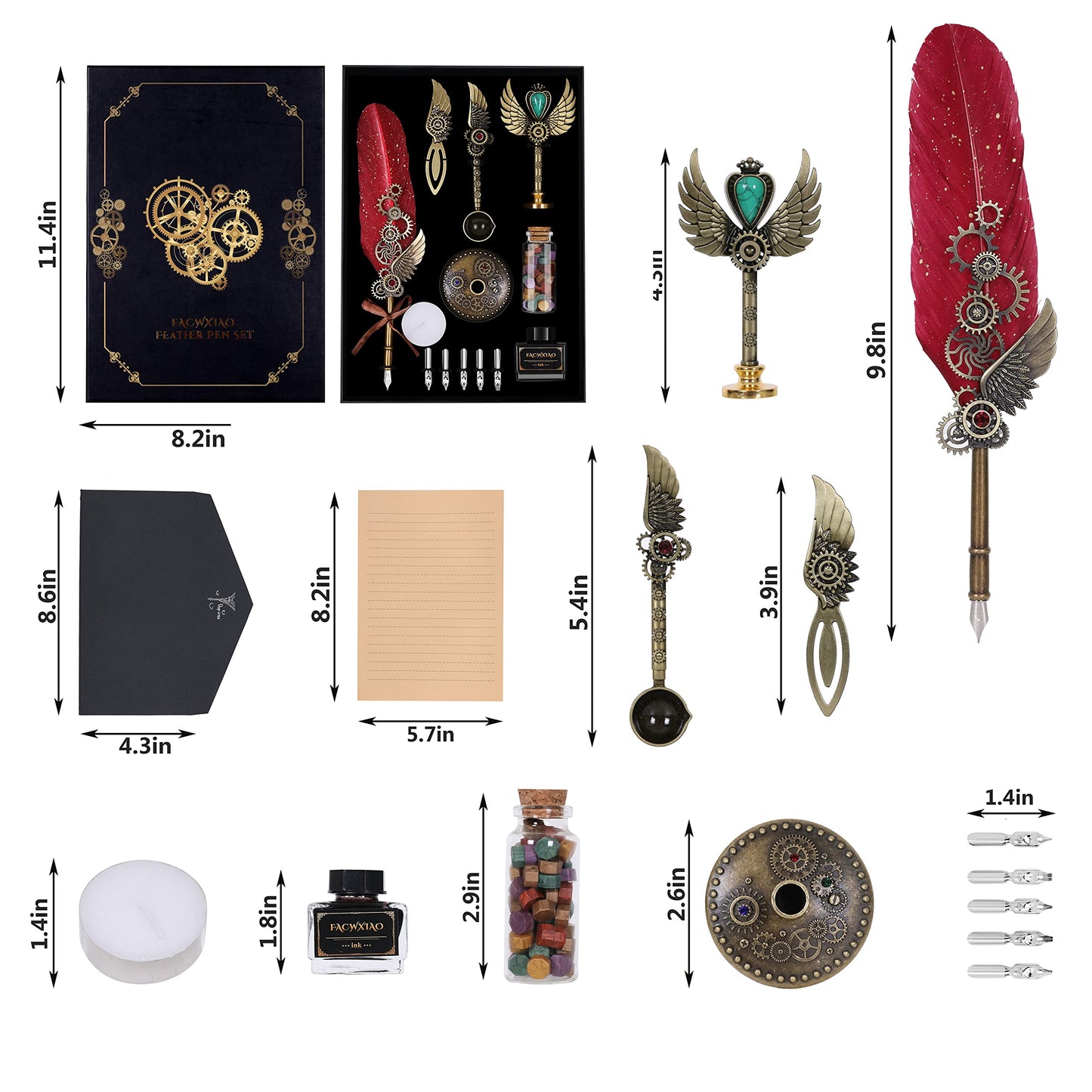 Facwxiao Quill Pen Set, Feather Pen, Ink, Bookmarks, Seals, Nibs, Wax Bead, Envelopes, Writing Paper, Gift Box, Red