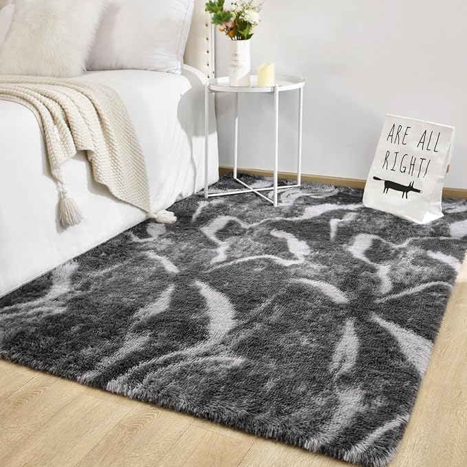 TWINNIS Super Soft Shaggy Rugs Fluffy Carpets, 6x9 Feet, Indoor Modern Plush Area Rugs for Living, Bed Room Kids Room Nursery Home Decor, Upgrade Anti-Skid Rectangular Fuzzy Rug, Black Grey