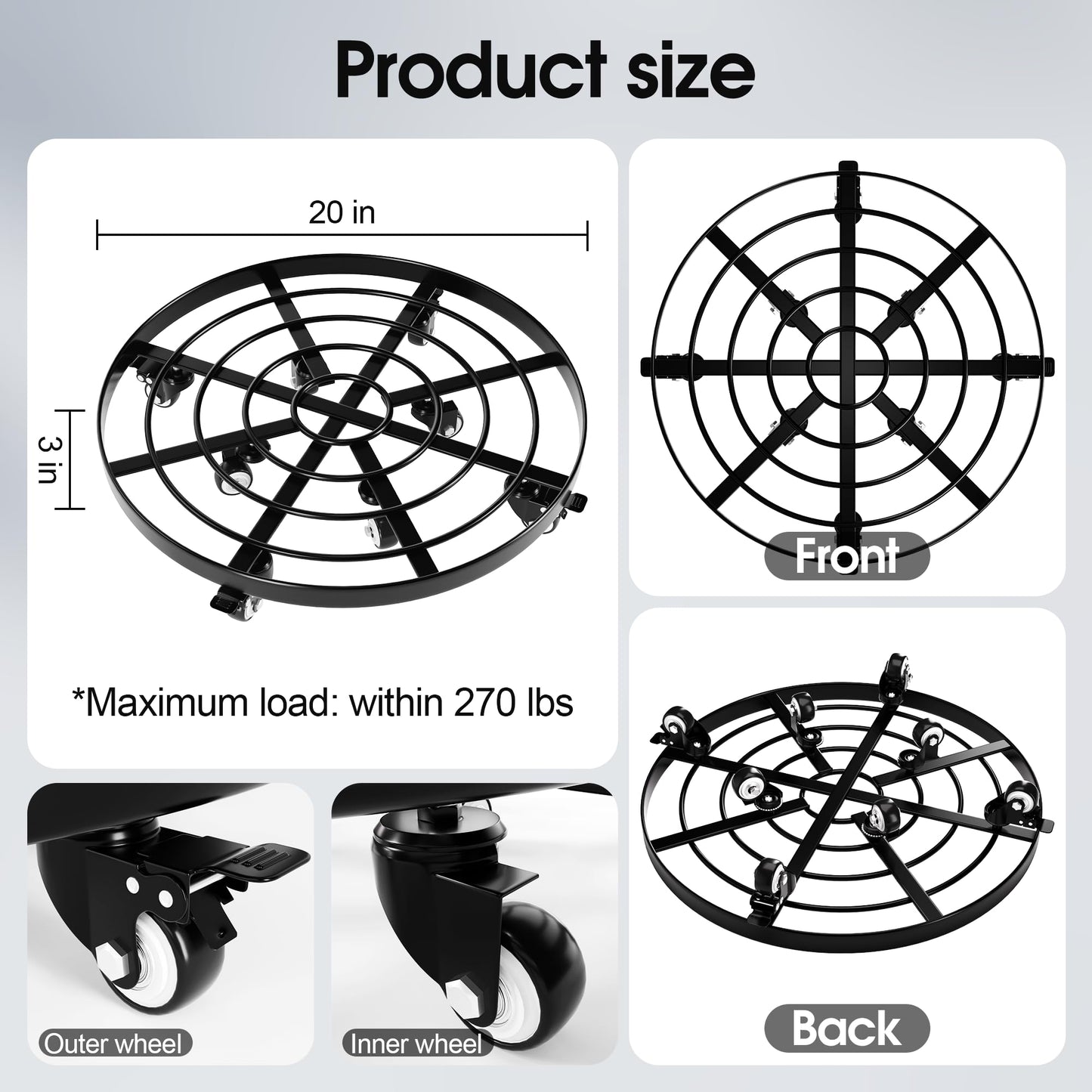 Highpro 20" Plant Stand with Wheels, 440lbs Heavy Duty Planter Caddy for Outdoor Indoor with Lockable Casters Wheels, Large Rolling Dolly Planter Caddy Flower Pot Mover, Black