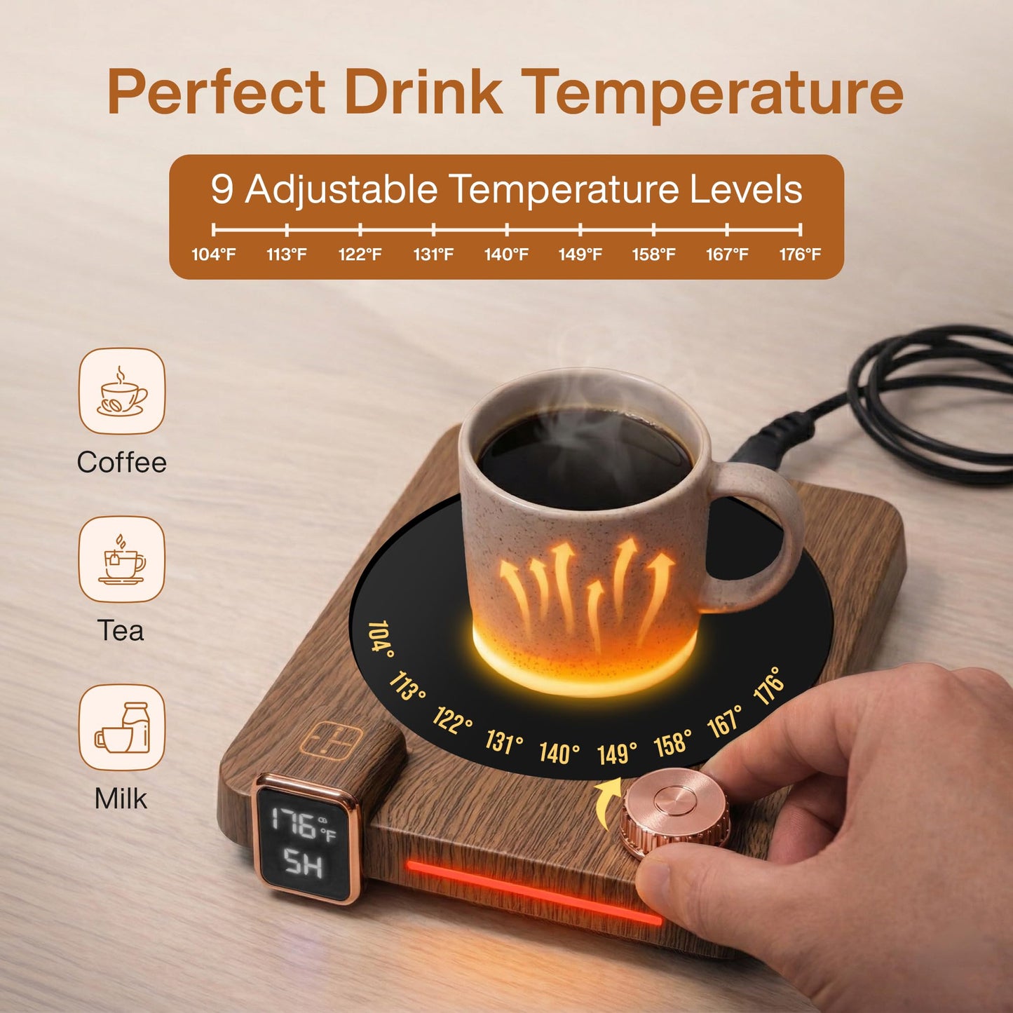 Coppe Time Coffee Mug Warmer for Desk, 40W Electric Cup Warmer with Digital Display, 9 Temp Settings, 1–12H Timer & Auto On/Off, LED Display Candle & Beverage Warmer Plate.