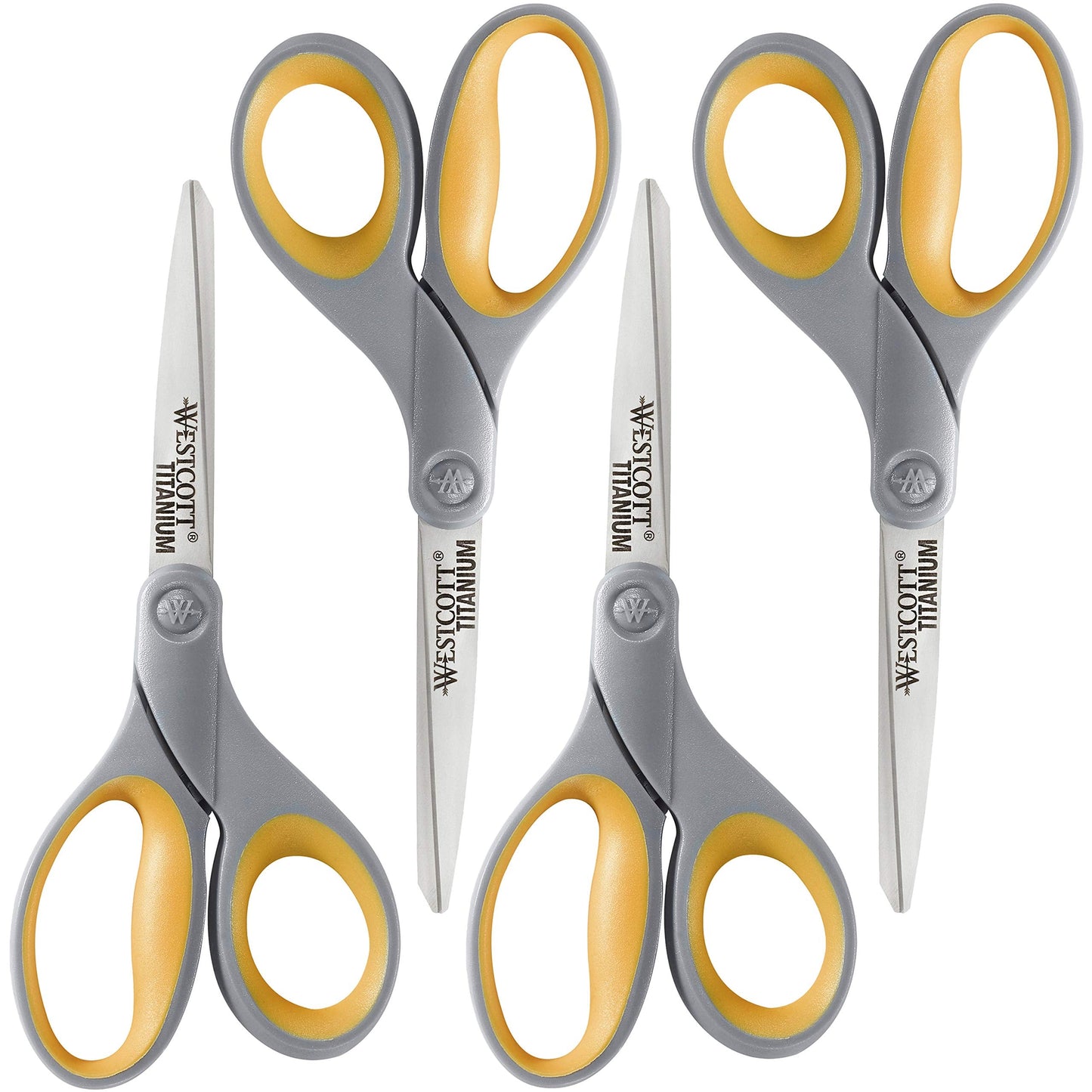 Westcott 8-Inch Titanium Bonded Scissors for Home, Office, and Classroom - Perfect for Cutting Paper, Sewing, and Crafts - Heavy-Duty Design with Soft Handle - Gray/Yellow - 4-Pack