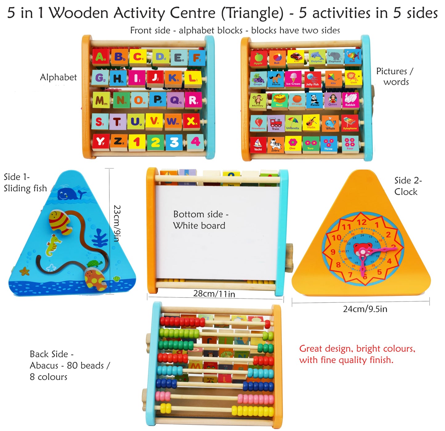 TOWO Wooden Activity Centre Triangle Toys - flip Flop Alphabet Blocks Abacus Clock - Activity Cube for Toddlers 5 in 1- for Babies Montessori Learning-Wooden Toys for 1 Year Old