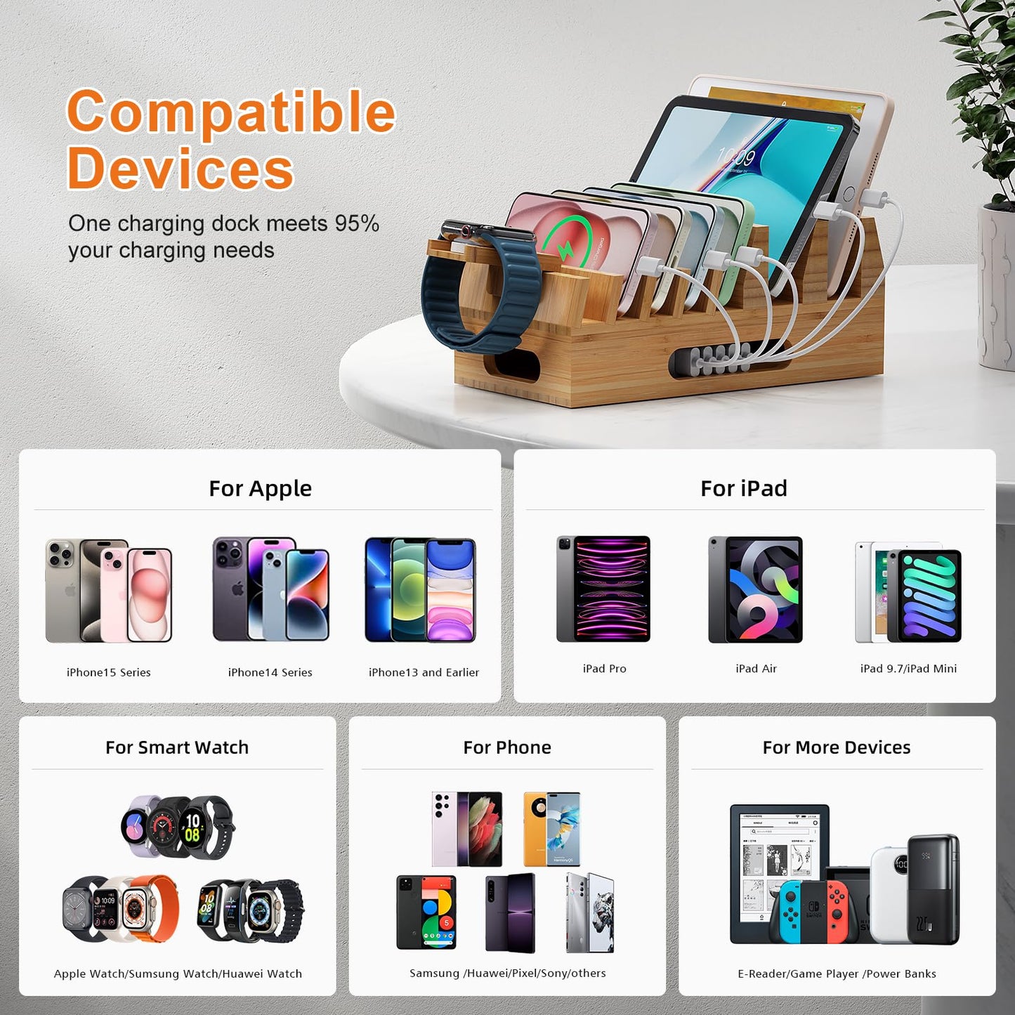 Pezin & Hulin Bamboo Charging Station Organizer for Multiple Devices & Wood Desktop Docking Charging Stand Such As Cell Phone, Tablets, Phone Case and Watch Stand(No USB Charger)