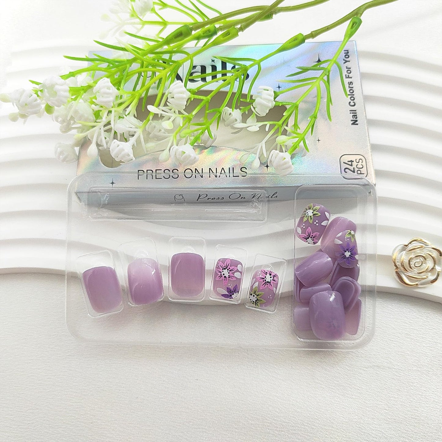 Short Press On Square Fake Nails with Flower Designs Acrylic Press Ons Glossy Glue Ons Spring False Purple Full Cover Artificial Stick Ons for Women 24Pcs