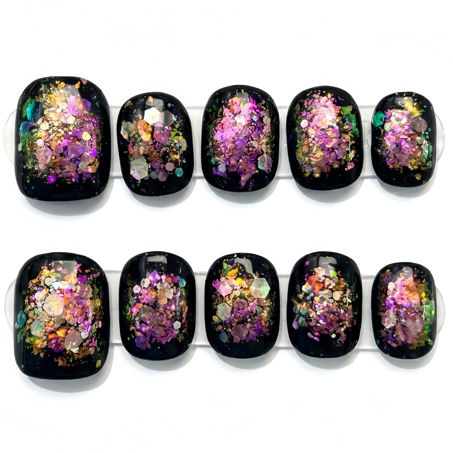 Fine Point Handmade Press-On Nails 10 PCS, Black Prism Short Squoval Nails, Iridescent Aurora Opal Foil Flake Glitter on Jet Black, Glossy Glass Shine Reusable, All Inclusive Kit (Size Medium)