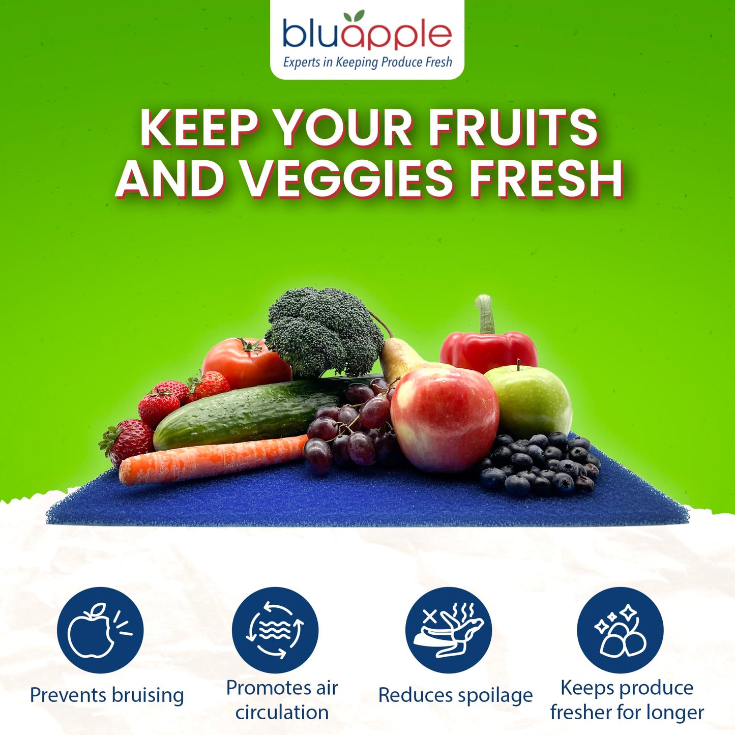 Bluapple FreshMats, Refrigerator Bin Liner, Fridge Drawer Mats, Crisper Life Extender Liner Keeps Produce Fresh Longer, Anti-Bruising, Helps Air Circulation, Washable & Reusable (4-Mats, 12x15, Blue)