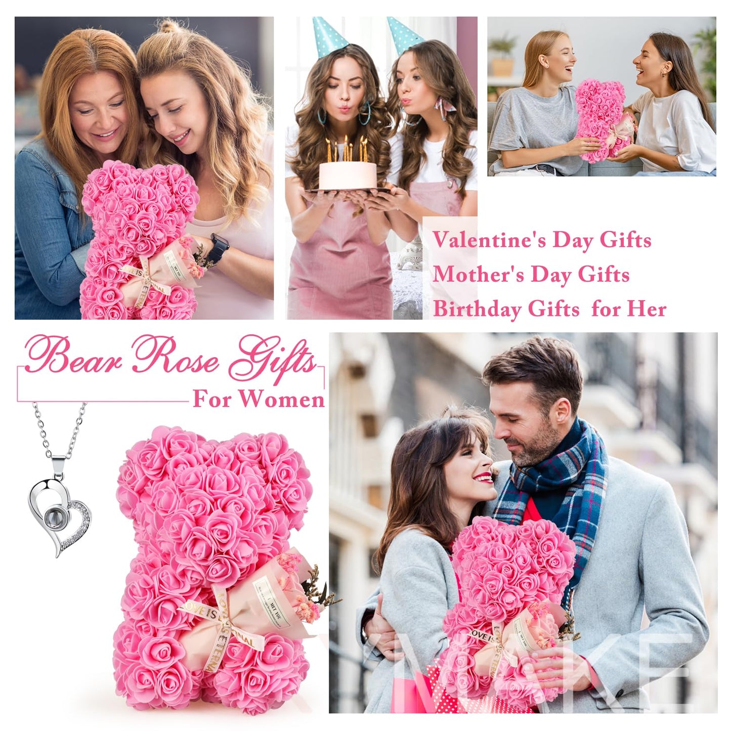 K KYMAKE Mothers Day Rose Gifts for Mom Rose Bear Pink Teddy Bear Birthday Gifts for Women Wife Daughter Girlfriend,Flower Bear with Rose Bouquet and I Love You Necklace