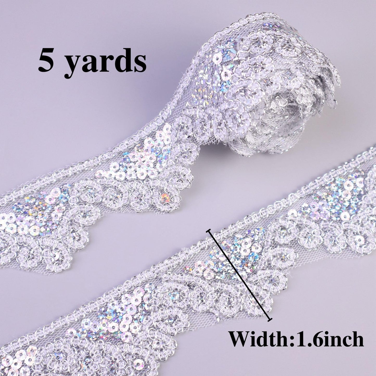 Silvery Lace Trim 5 Yards Beaded Lace Ribbon Applique Sequin Lace Mesh Trim for Sewing Crafts 1.6inch