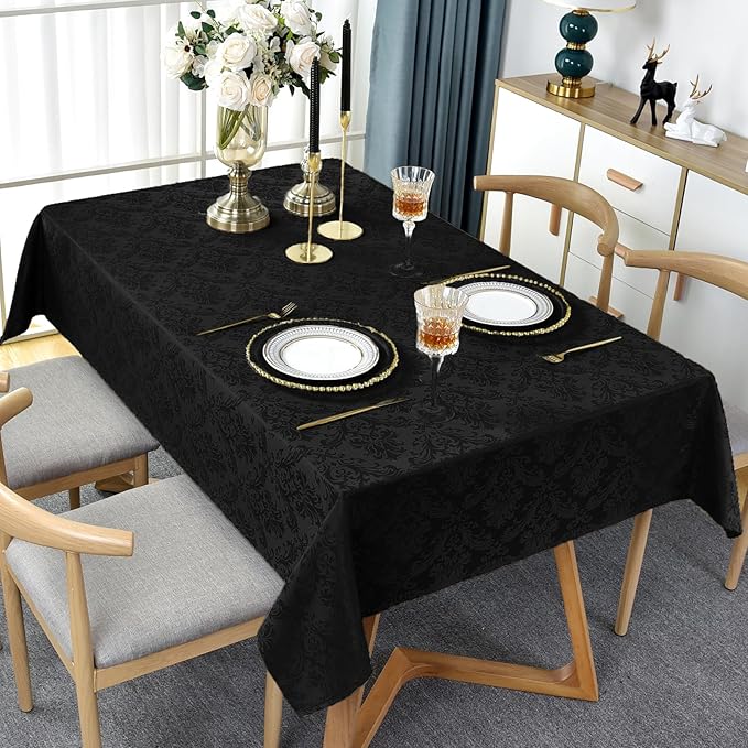 Rectangle Table Cloth - 52 x 70 Inch Black Jacquard Tablecloths Damask Design Spillproof Wrinkle Resistant Shrinkproof Soft Tablecloth Polyester Oblong Table Cover for Kitchen Dinning Party Tabletop