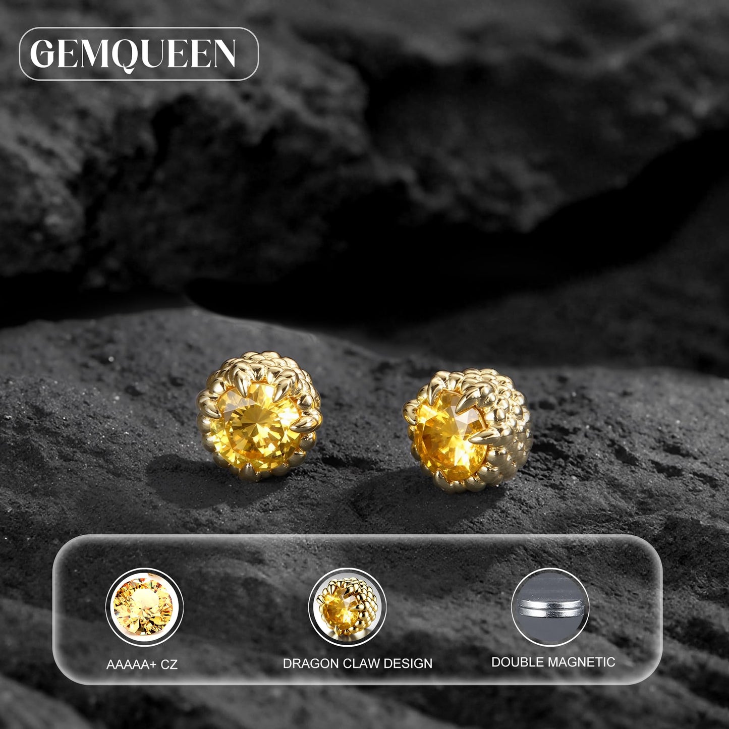 GEMQUEEN Magnetic Earrings for Men Women - 5A Shiny CZ Dragon Claw Punk Hypoallergenic Stainless Steel Non Piercing Clip on Fake Earrings Studs 5MM Not Easy to Fall