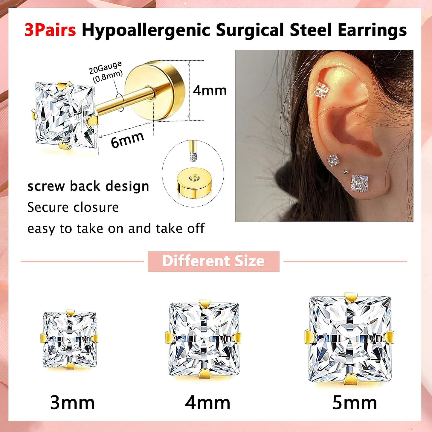 Princess Cut Square CZ Stud Earrings Flat Back, Screw Back Small Gold Clear Cubic Zirconia Studs Earrings Set for Women Men, Pack of 3 Pairs (3mm 4mm 5mm)
