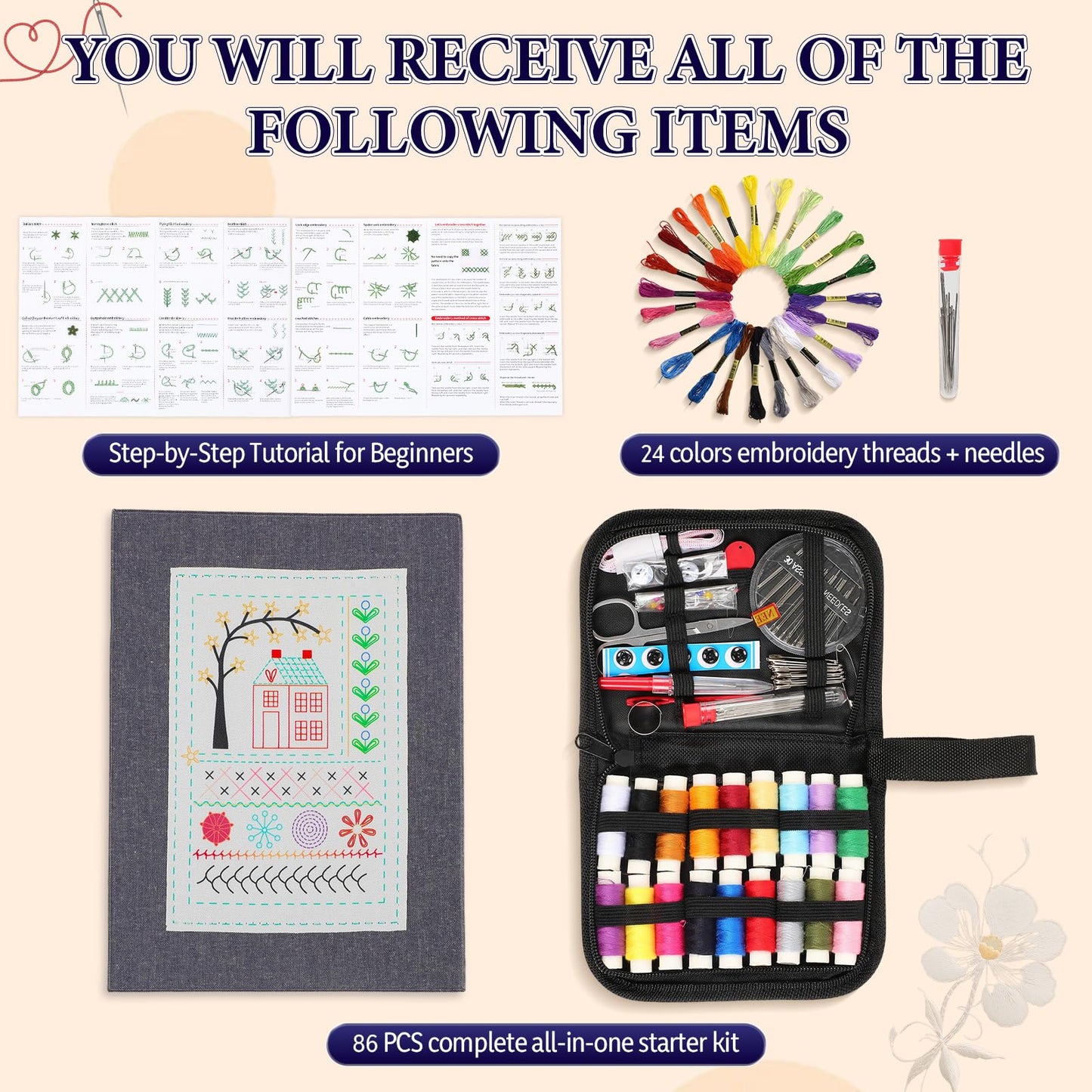 COLORCASA New Embroidery Stitch Book Kit,Embroidery Learning Book,Comes with a Complete Tool kit and Instructional Tutorial,106 Patterns for Beginners Craft Lovers and Sew Enthusiast