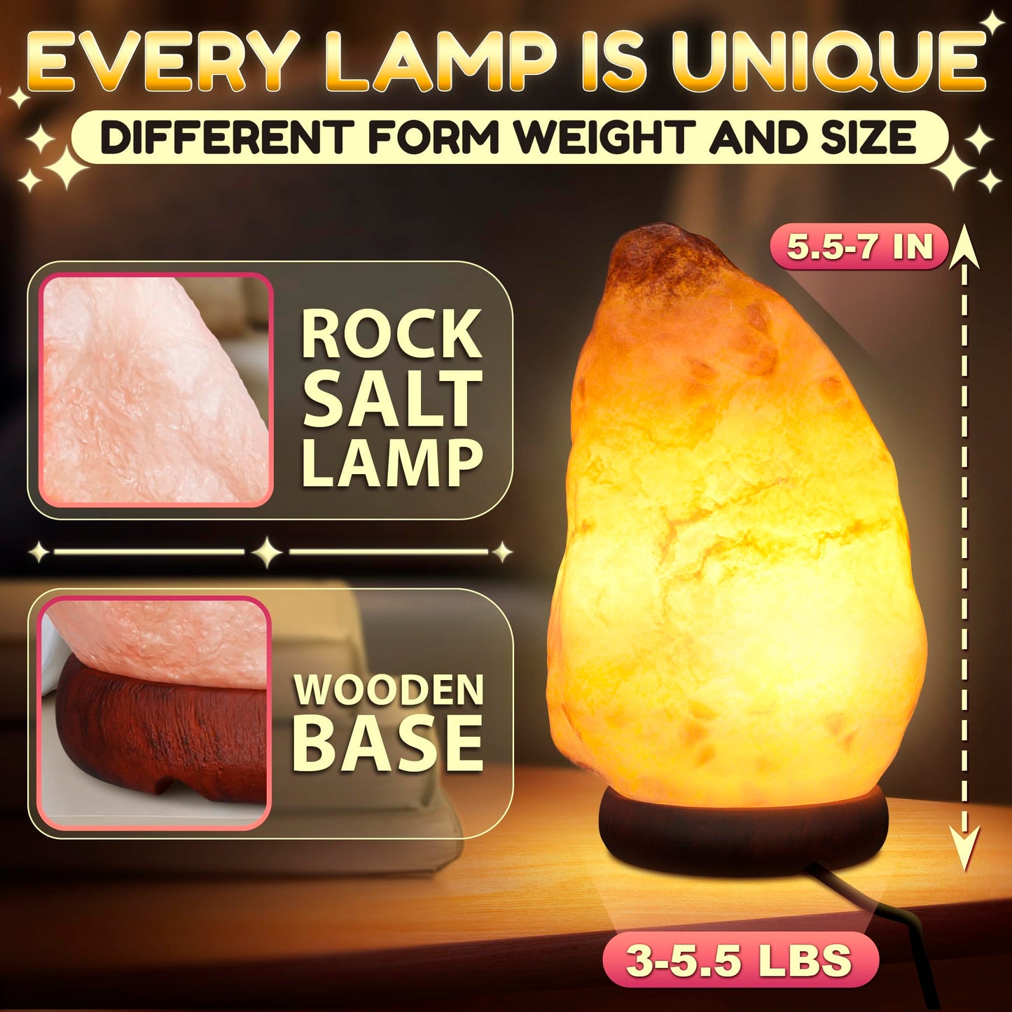 Himalayan Salt Rock Lamp with Dimmer – Hand-Carved Himalayan Salt Lamp Night Light 5.5–7" with Adjustable Warm Glow for Sleep & Relaxation