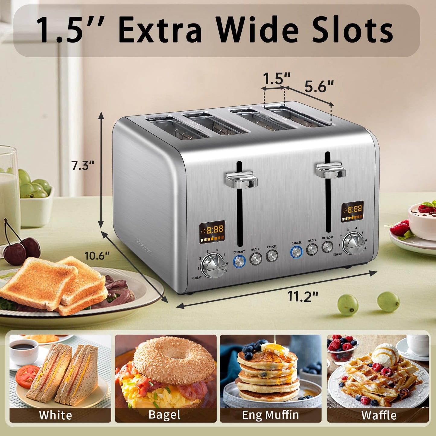 SEEDEEM 4 Slice Stainless Toaster - Color LCD Display, 7 Shade Settings, 1.5'' Wide Slots with Bagel/Defrost/Reheat Functions, Removable Crumb Tray, Silver Metallic, 1800W