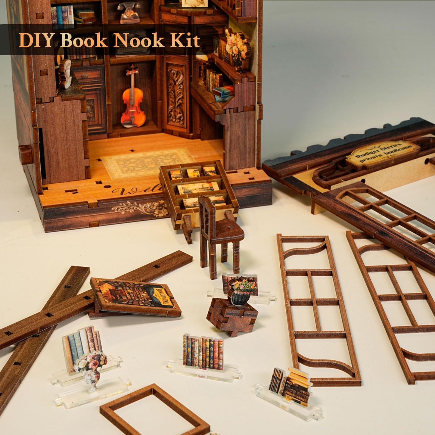 Book Nook Kit DIY Miniature Library Dollhouse, Wooden 3D Puzzle Bookshelf with LED Sensor Light, Bookend Decor for Adults and Teens （Bookcase）