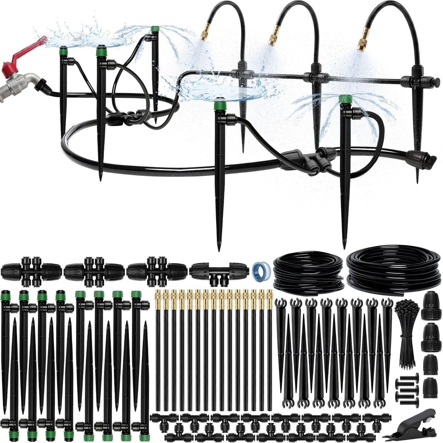 CARPATHEN 100FT Drip Irrigation System - Pressure Optimised Garden Watering System w 15pcs 360° Atomizing Nozzles, 16 Adjustable Drip Emitters 5/16 and 1/4 Tubing - Complete Watering Spray System