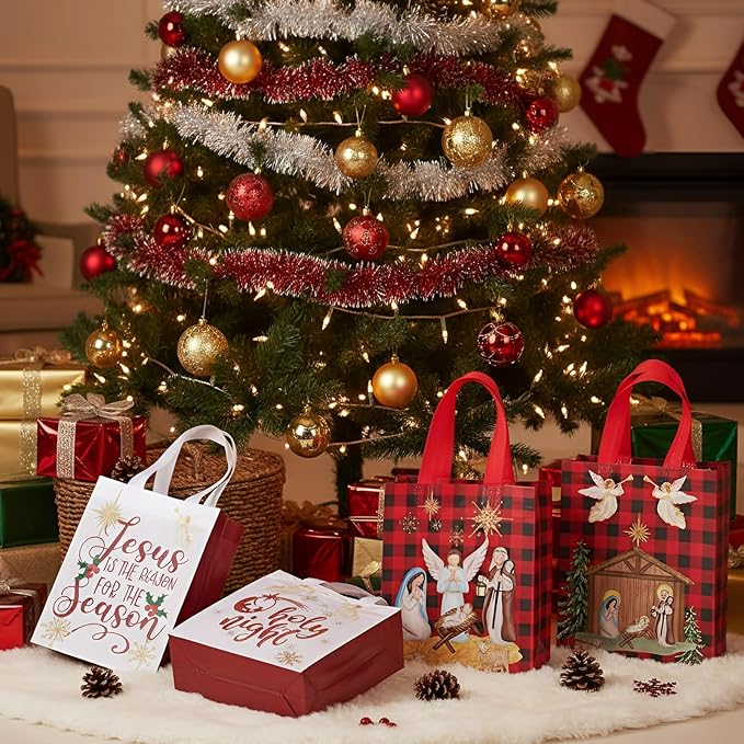 Wesnoy 48 Pcs Christmas Nativity Gift Bags Bulk 10 x 8 x 4 Inch Reusable Non Woven Christian Party Favors Red White Treat Goodies Tote Bags with Handles for Religious Jesus Holiday Party Supplies