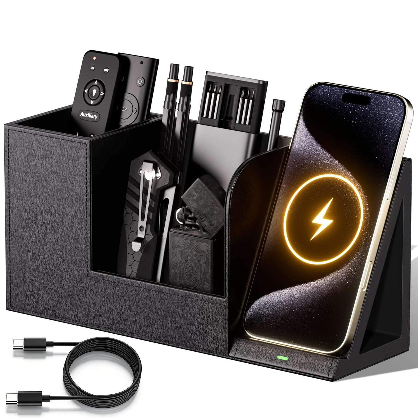 GORESE Desk Organizer with Charging Station, PU Leather Desktop Organizers with Phone Charging Stand for Office Home Nightstand, Practical Gifts for Men Who Want Nothing, Black