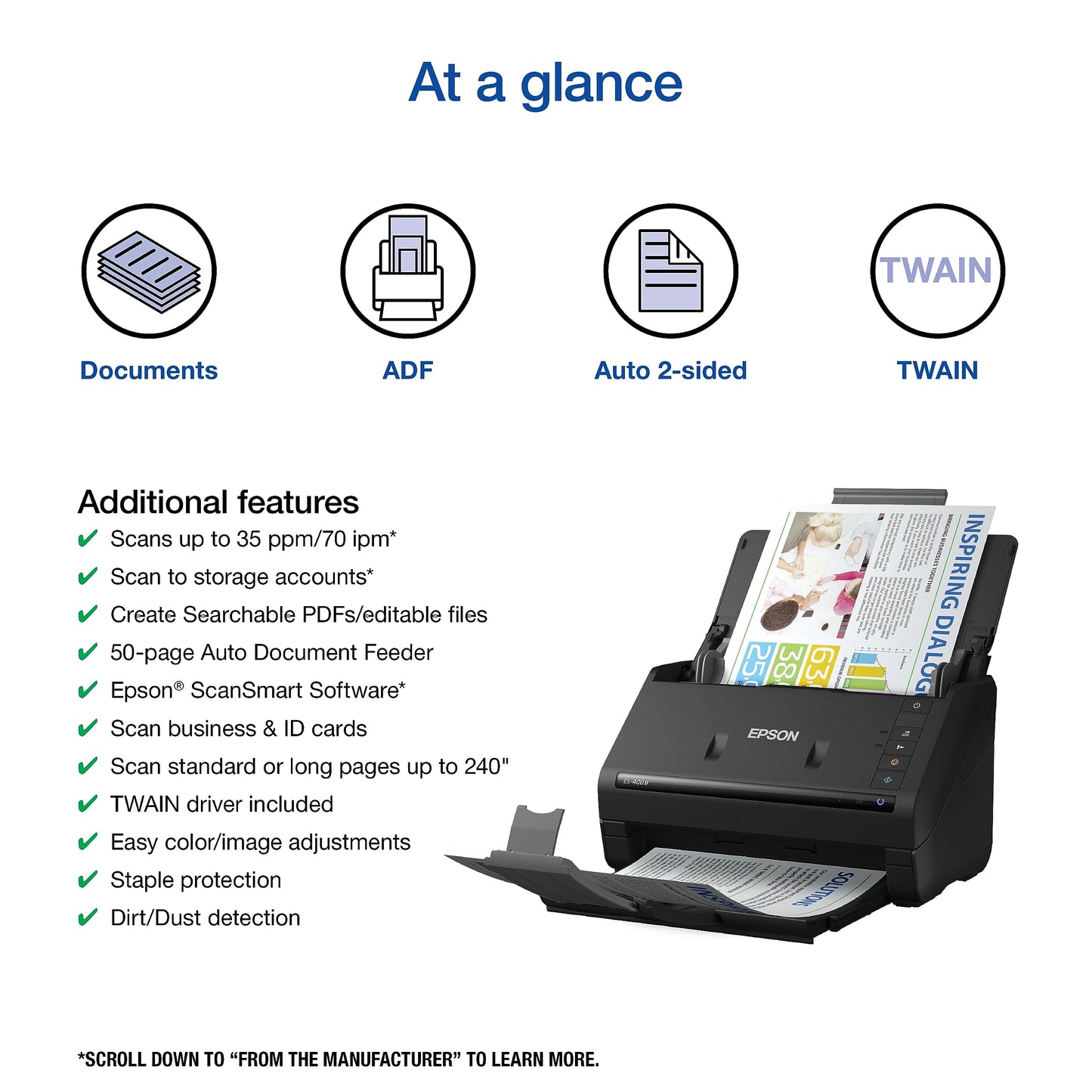 Epson Workforce ES-400 II Color Duplex Desktop Document Scanner for PC and Mac with Auto Doc Feeder (ADF), Image Adjustment Tools