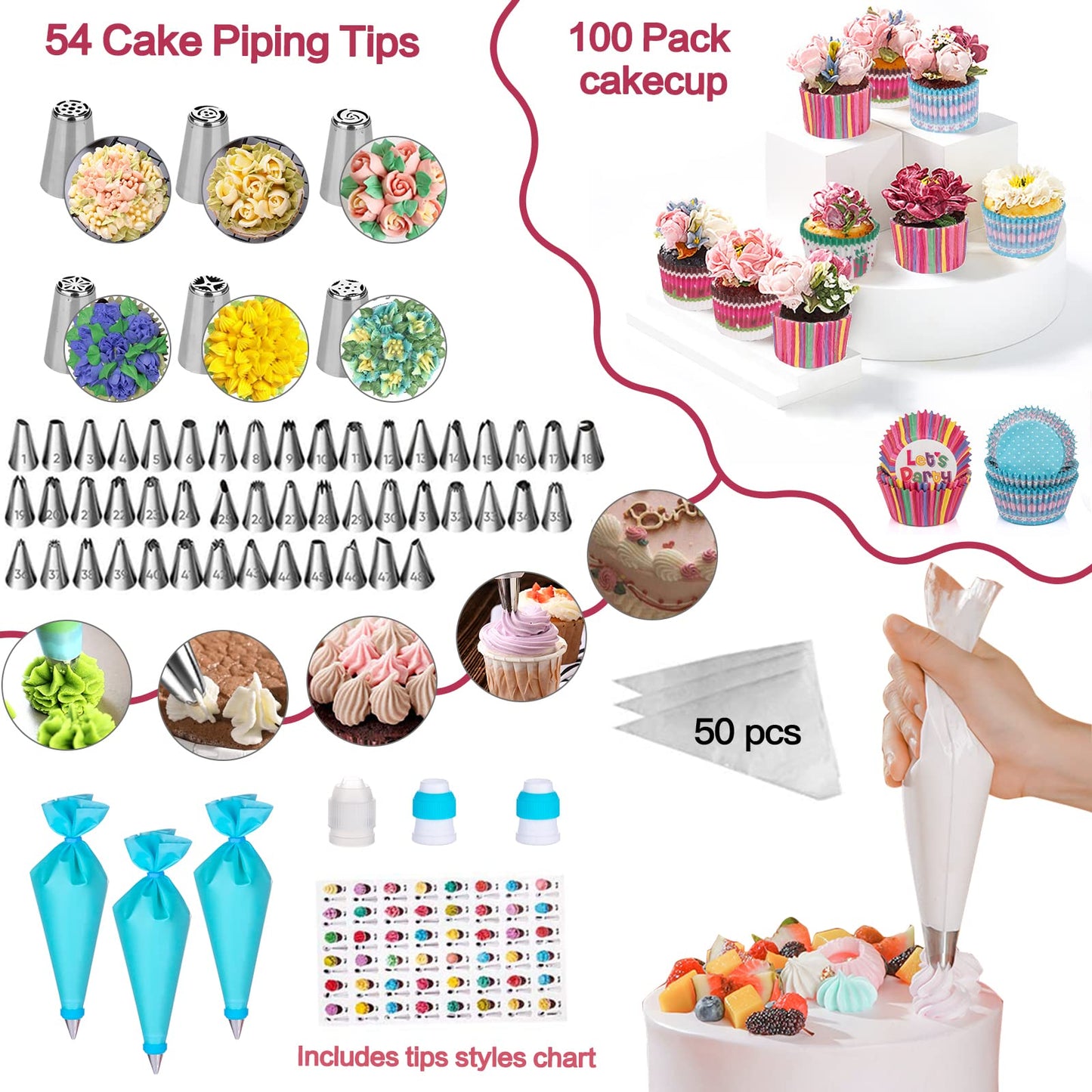 Aluminum Alloy Revolving Cake Stand & Carrier - 268PCS Kit with 54 Piping Tips, Acrylic Cake Discs, Various Spatulas
