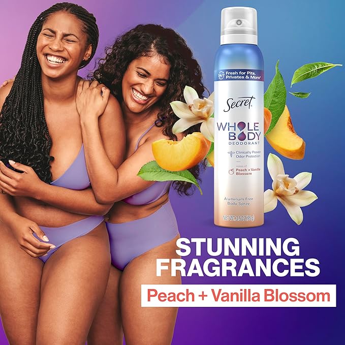 Secret Whole Body Deodorant For Women Stick, Spray & Cream Regimen Pack, Peach & Vanilla Scent, Aluminum Free Deodorant, 72 HR Odor Protection, 2.4 oz. 3 oz, 3.5 oz