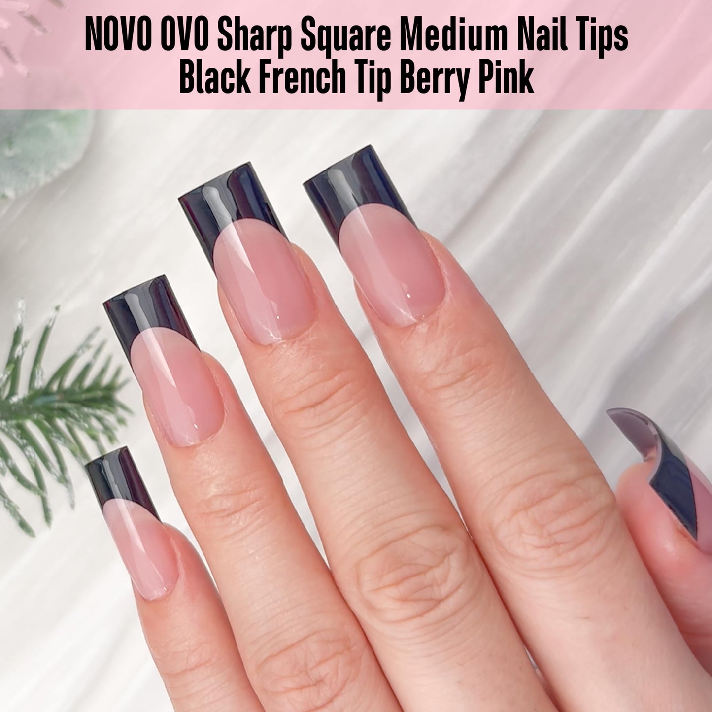 NOVO OVO Medium Sharp Square Black French Tip Nail Tips Press on BERRY PINK, Extra Thick NEED Builder Glue Gel & Top Coat, Soft Gel Full Cover False Fake Nail Extension for Salon DIY x 15 Sizes 180 pc