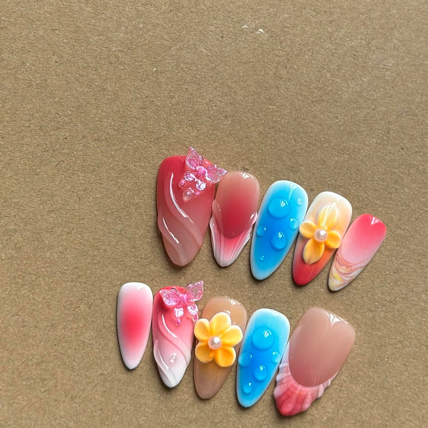 Luxury Press on Nails Medium Almond Handmade 3D Unique Reusable ABS Material Fake Nails Pink&Blue False Nails with Designs Butterfly Yellow Flower Art Petal Glossy Thick Acrylic Nails(S)