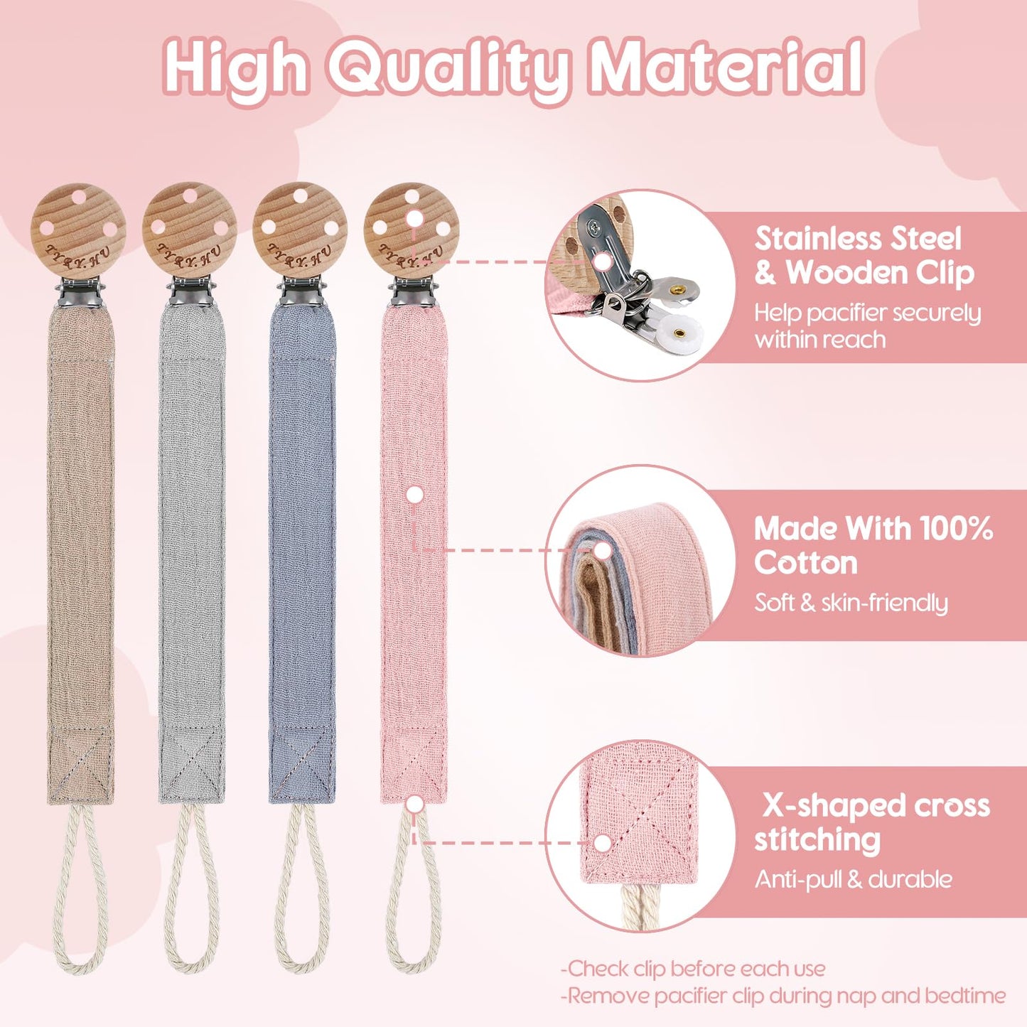 TYRY.HU Ribbon Pacifier Clip Holder,4 Pack Binky Paci Holder Clips, Pacifier Leash for Boys and Girls,Fabric Pacifier Strap Universal Fits for Most Pacifier, Styles & Teethers(Khaki,Grey,Blue,Pink)