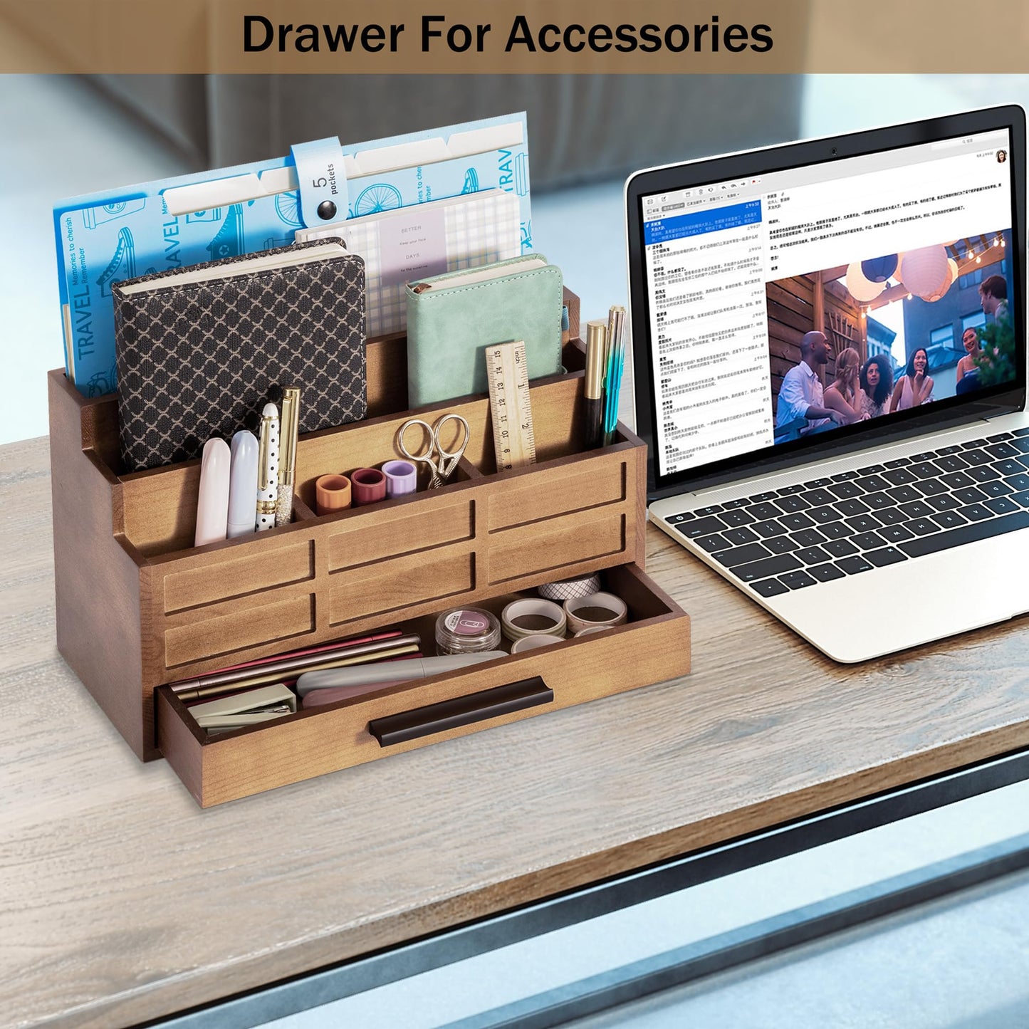 dreampossible Brown Wood Desk Organizer and Accessories with Drawer, Bill Mail Organizer and File Mail Holder for Office Supplies, Rustic Desk Accessories & Workspace Organizers