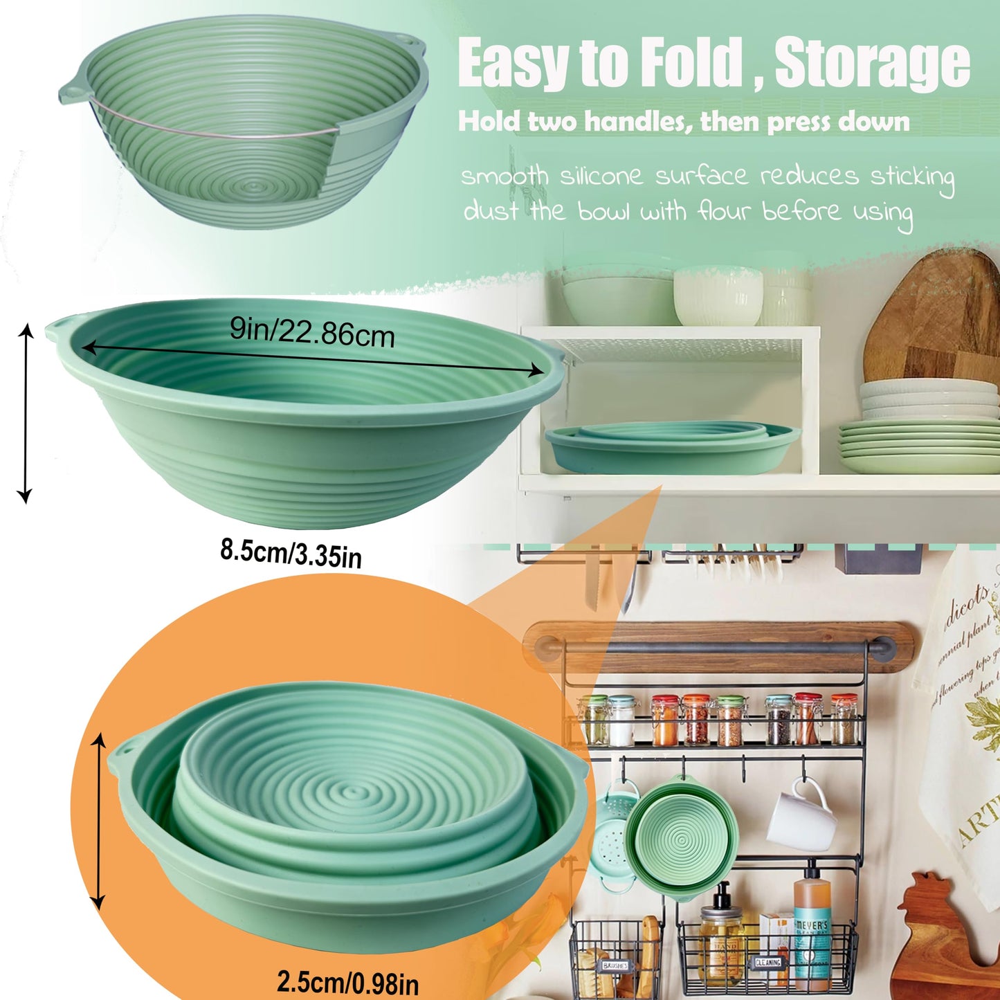 Silicone Bread Proofing Basket, 9 inches Sourdough Baking Bowl with liner Thick Foldable Reusable Handmade Bread Making Supplies for Bakers