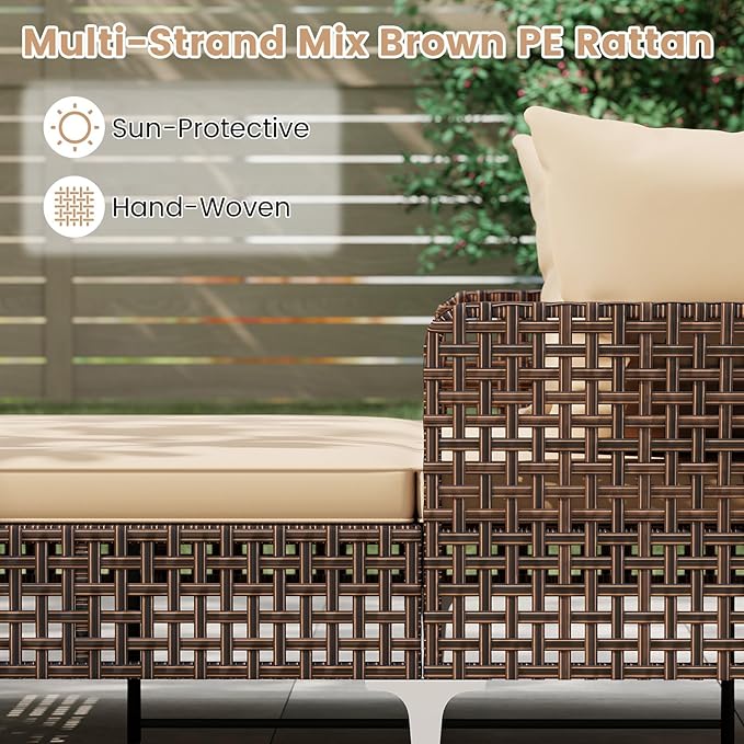 HAPPYGRILL Outdoor Patio Daybed PE Rattan Sunbed with Pillows and Cushions, Heavy-Duty Metal Frame, Outdoor Bed Lounger for Porch, Backyard and Poolside (Beige)