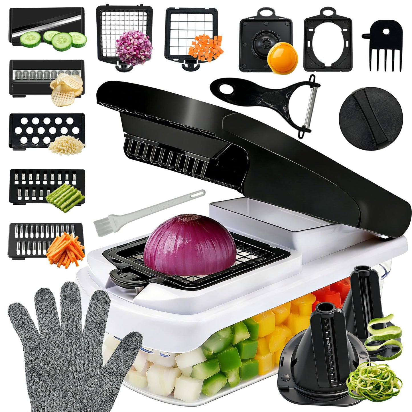 KISIQI Vegetable Chopper With Container 4.5" x 9", 17-in-1 Food Chopper with Onion Slicer & Potato Slicer, Built-in Storage Box for Kitchen Gadgets, Includes Safety Gloves & Peeler for Home Essentials