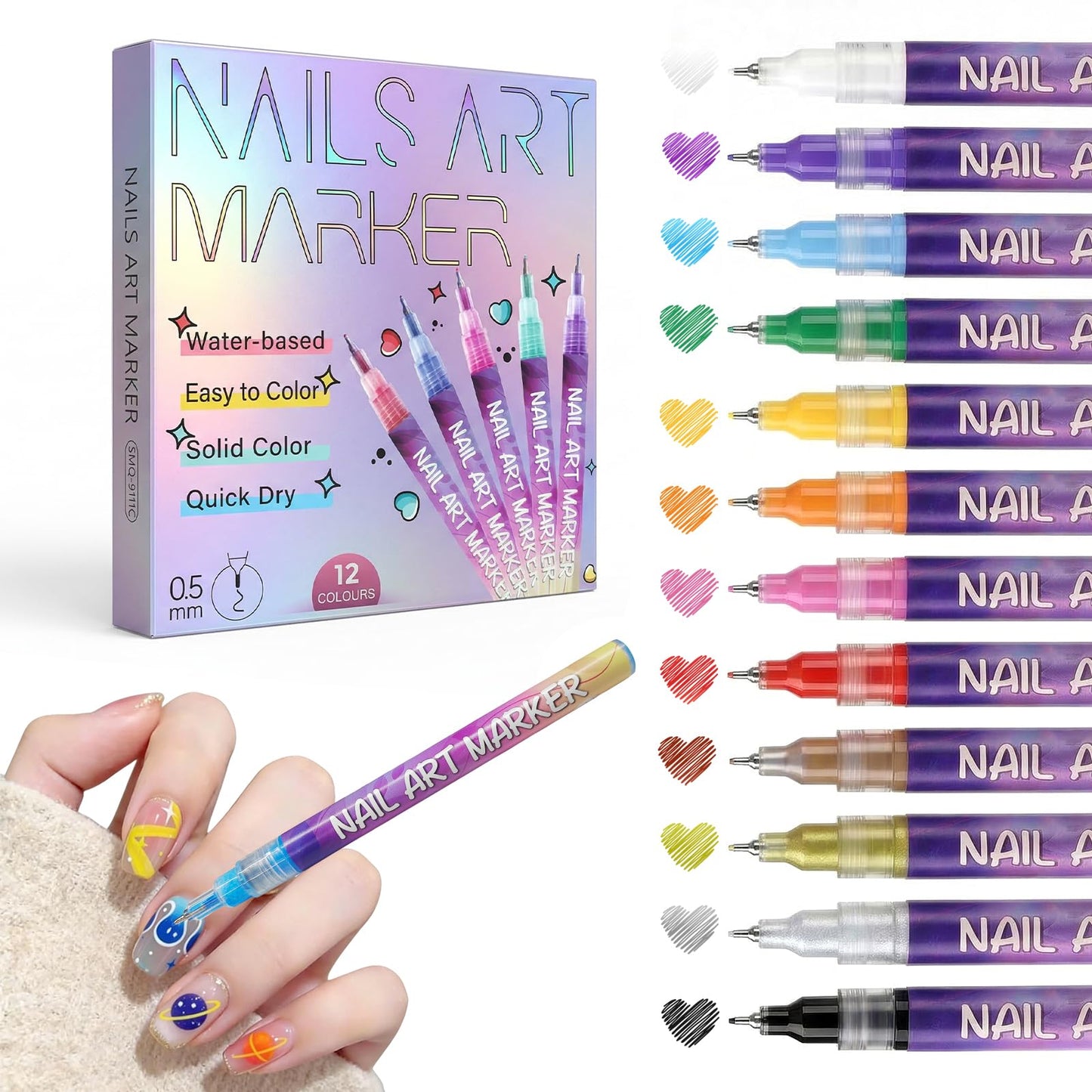 SKUPHI 12 Color Nail Art Pens, 0.5 MM Nail Polish Pens Set Drawing Painting Point Liner Painted Pen Kit, Waterproof Quick-drying for DIY Nails Art Design Manicure Tools