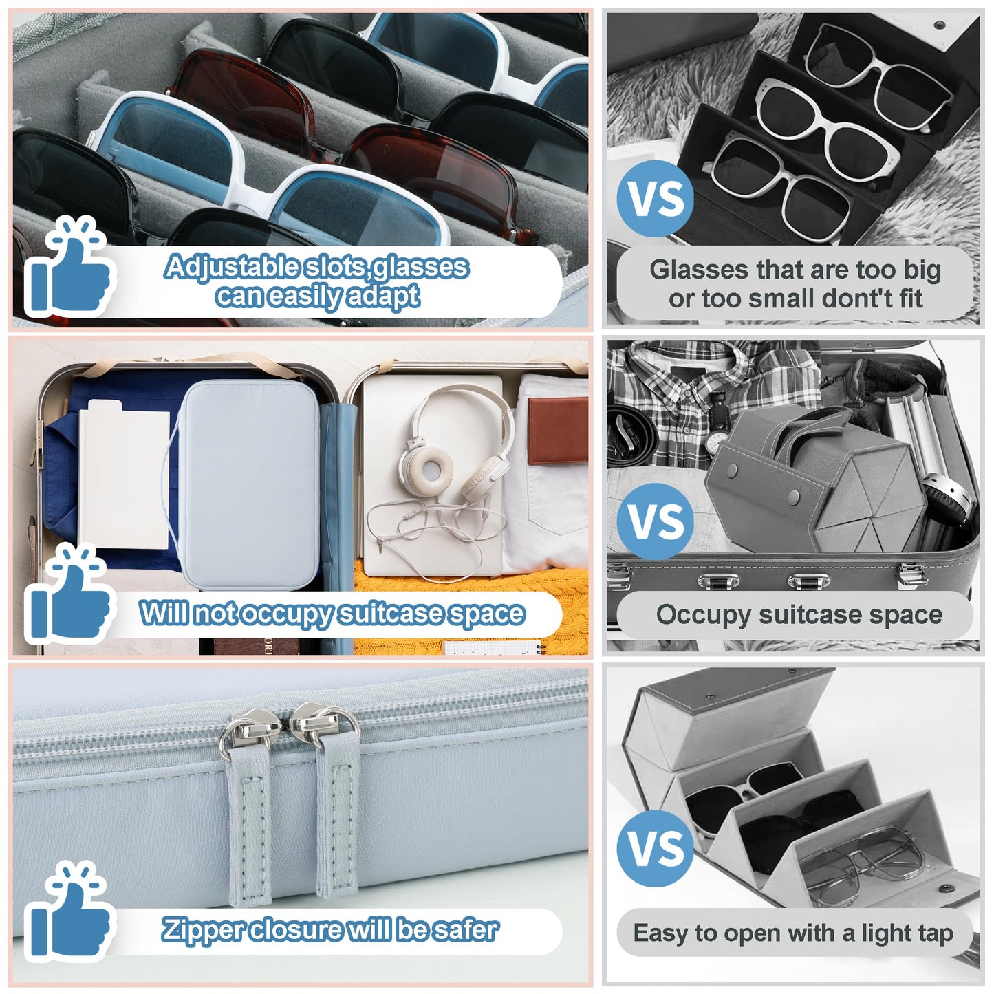 Bellzacasa Travel Sunglasses Organizer Case, Eyeglasses Storage Holder Box with Multiple Pairs Adjustable Slots for Women Men (Grey)