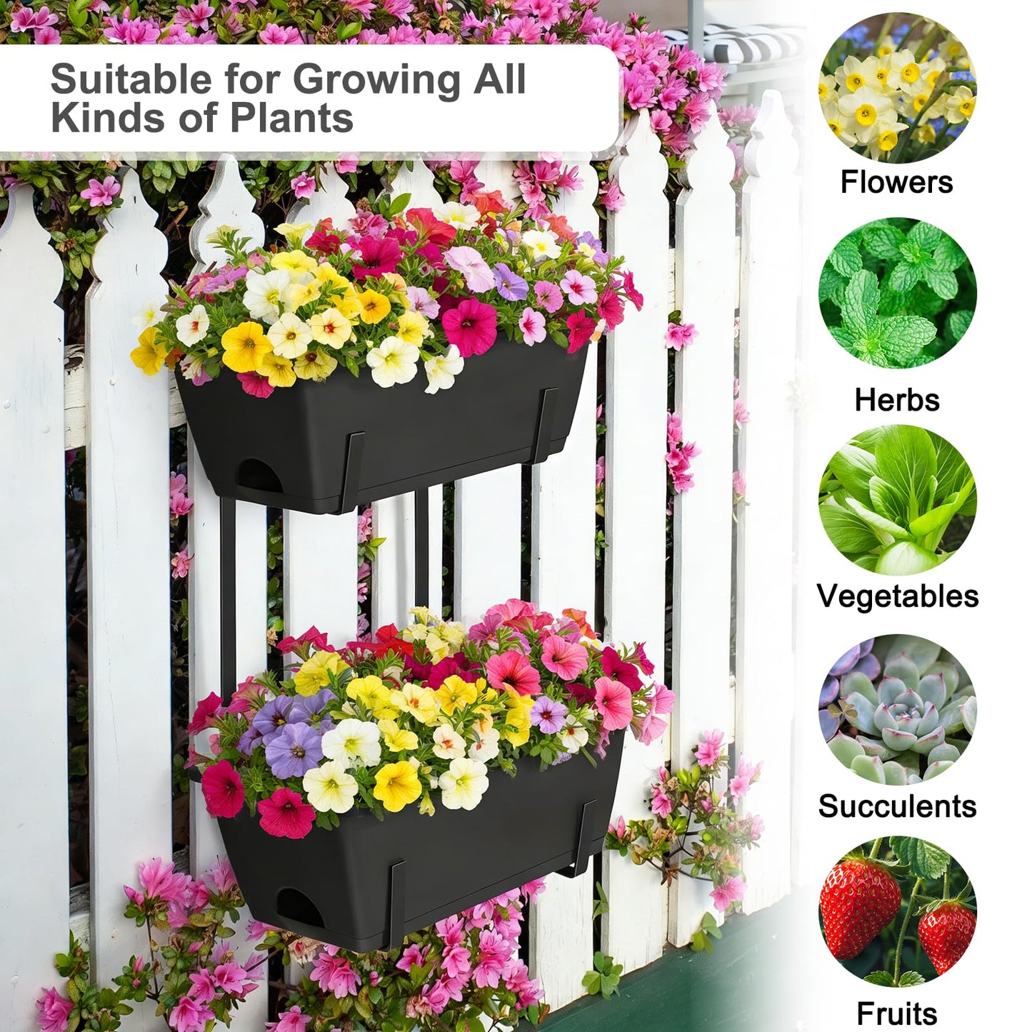 Railing Planter Box 2 Tier Window Boxes Planters Set of 2 with 4 Pack Flower Boxes 16.9 Inch Deck Railing Planter with Adjustable Brackets Black Balcony Fence Hanging Planters for Outdoor Porch Patio