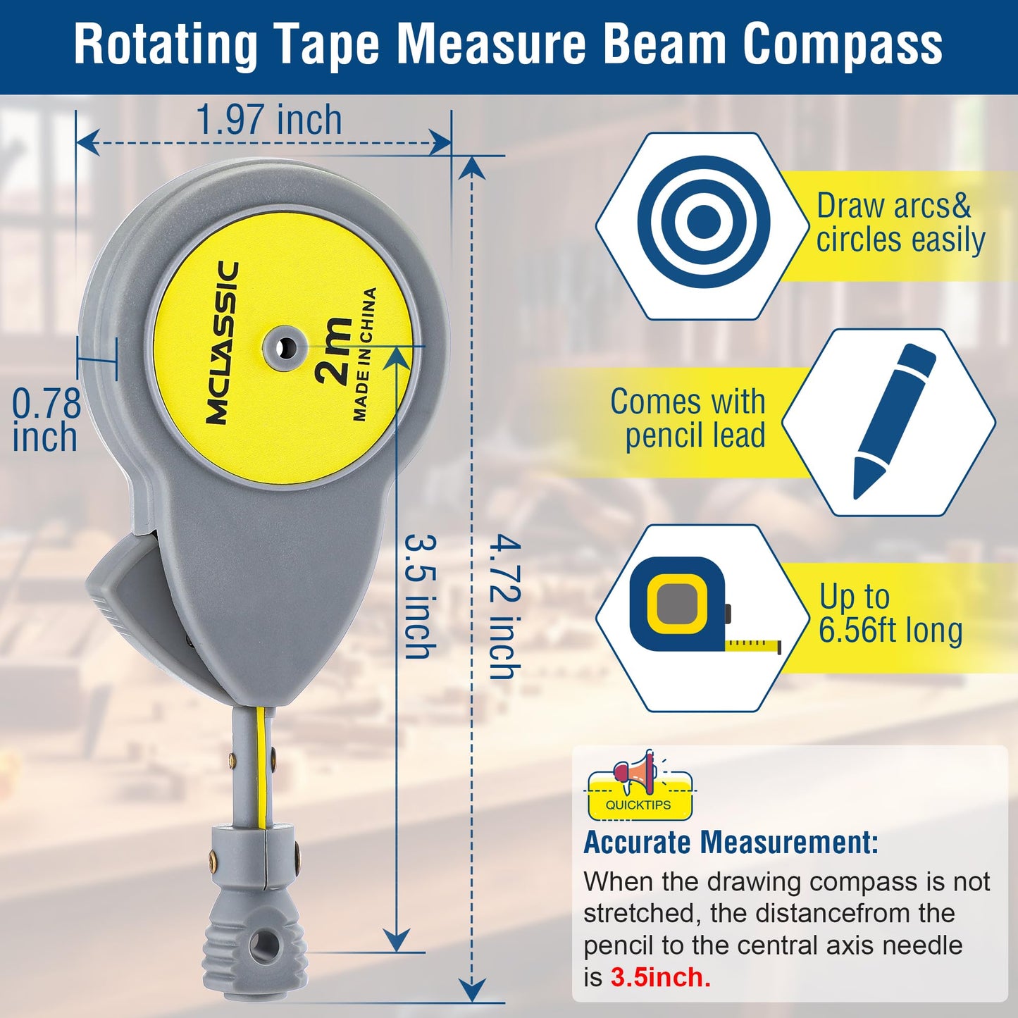 Dreyoo 6.56 ft Rotape Tape Measure Compass with 10 Pencil Leads, Measure Beam Compass for Drawing Circles and Lines, Fixable Button Circle Drawing Tool with Tape Measures