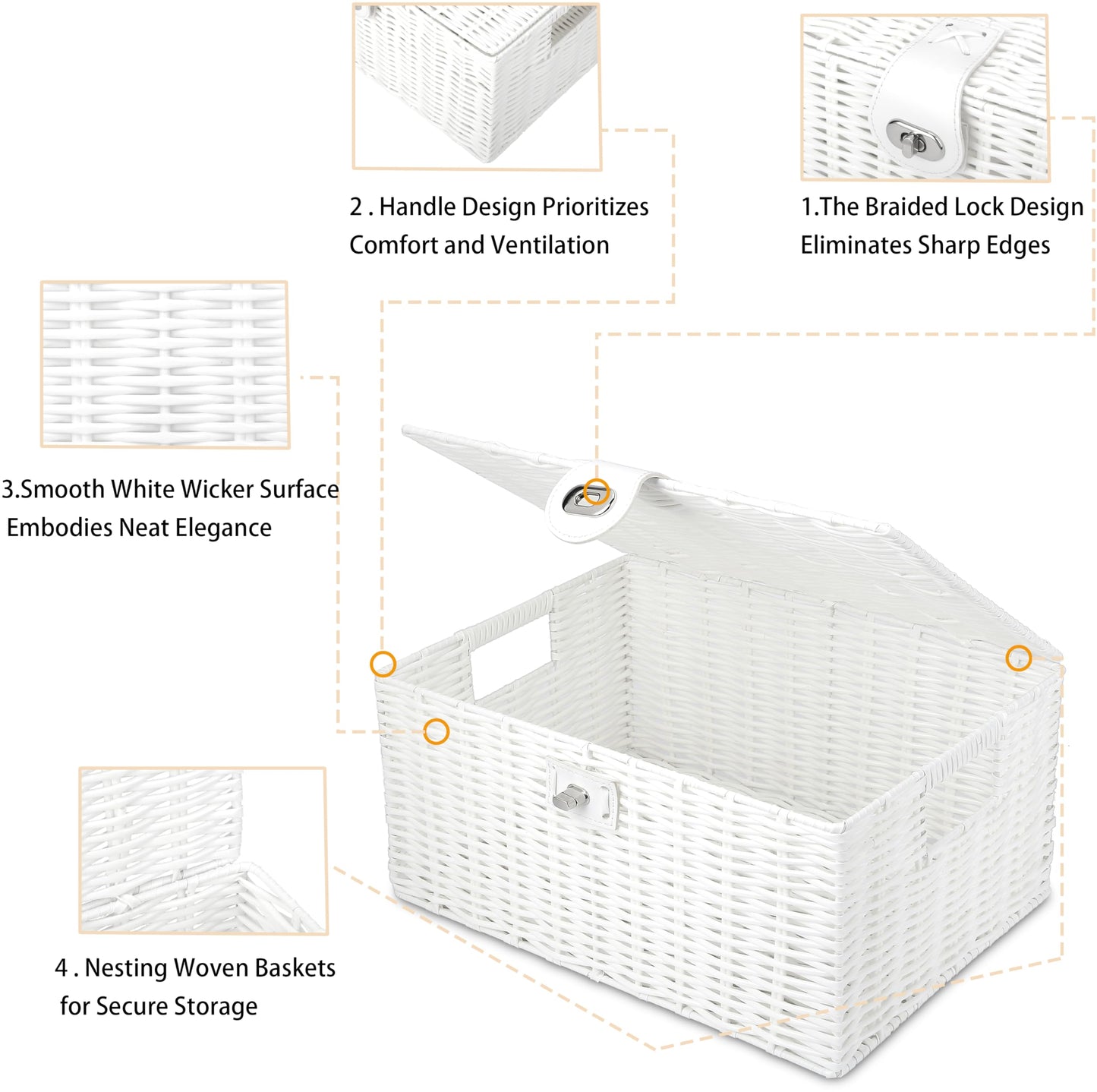 Honygebia White Wicker Storage Baskets - Set of 3 Decorative Nesting Boxes with Lids, Woven Basket with Lock & Handle, Organizer for Beauty Makeup Bathroom Decor