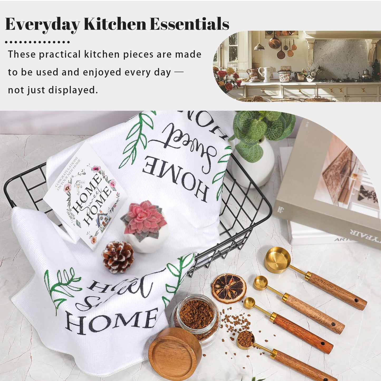 StoFurry Housewarming Gift Basket for New Home | 13 Pcs Kitchen Essentials Set with Ceramic Mugs, Measuring Spoons, Storage Basket | New Home Gift Ideas | Closing Gifts for Couples & Families