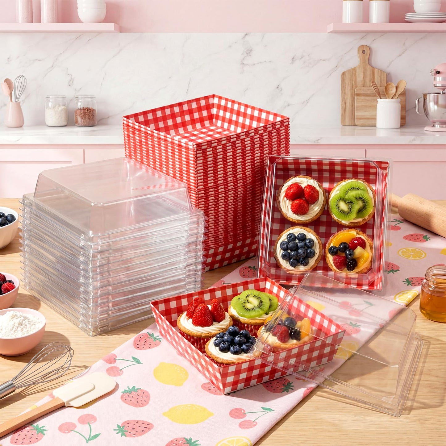 Potchen 50 Pack Red and White Checkered Charcuterie Boxes with Clear Lids, Red & White Buffalo Plaid Gift Boxes with Window for Pizza Party Decorations Wedding Bridal Baby Shower Picnic Buffet