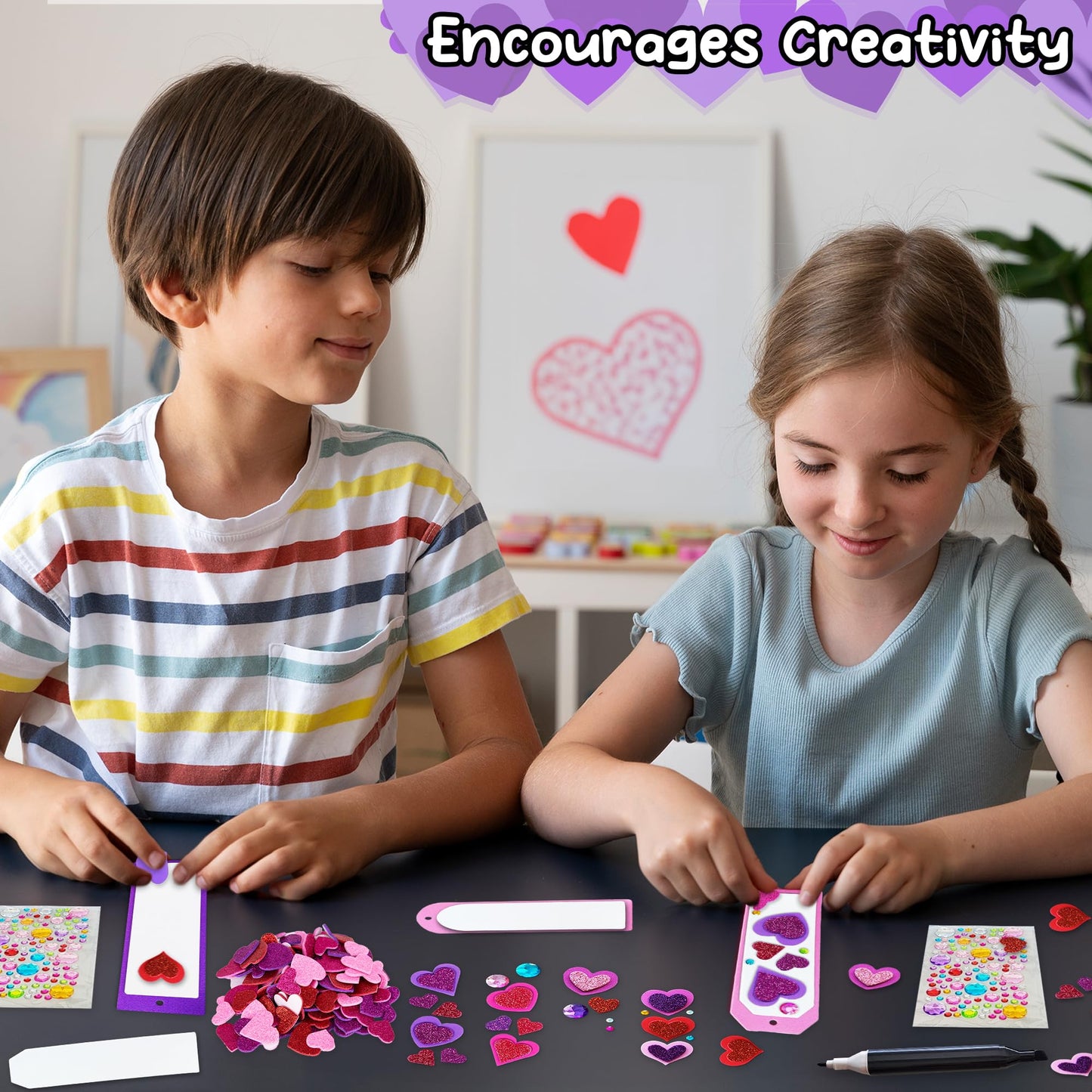 ArtCreativity 314 PCS Valentine’s Day Bookmark Craft Kit - Makes 24 Bookmarks - Valentine Crafts for Kids Classroom - Valentines Bookmark Craft Kit with Hearts, Glitter Stickers, Rhinestones, Ribbons