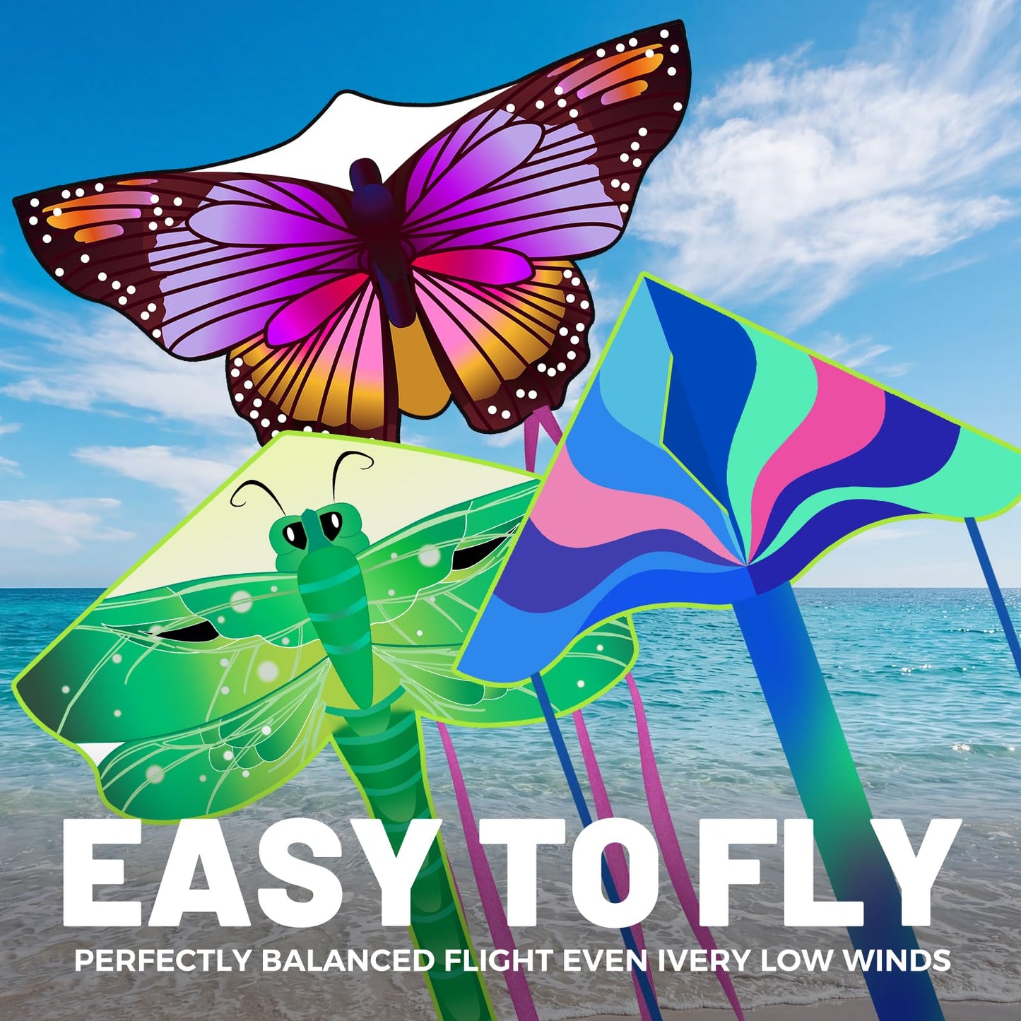 3 Pack Large Kites - Butterfly Delta Dragonfly Kites Easy to Fly for Adults Kids Beach Park Outdoor Game Activities, Gifts for Easter and Festival