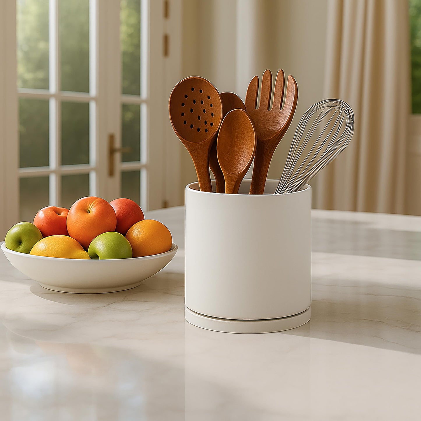 D'vine Dev 360° Rotating Utensil Holder Set – 7.2"+5" Kitchen Utensil Crocks for Countertop, Modern Cooking Tool Organizers for Kitchen Storage +Décor, Oatmeal, Set of 2, 72-Z-D-1