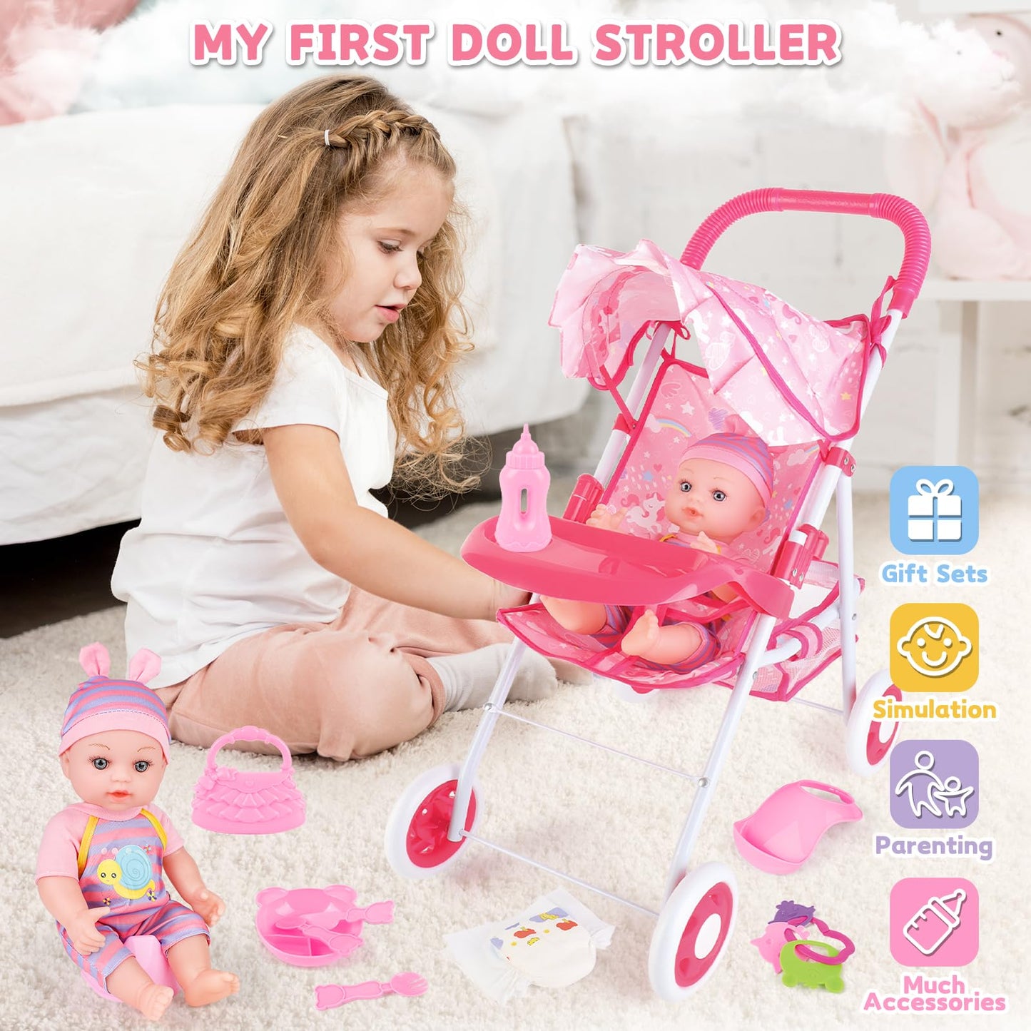 deAO Baby Doll Stroller 12" Baby Doll Set with Foldable Stroller 15 PCS Accessories for Toddlers 3-5 Christmas Birthday Gifts