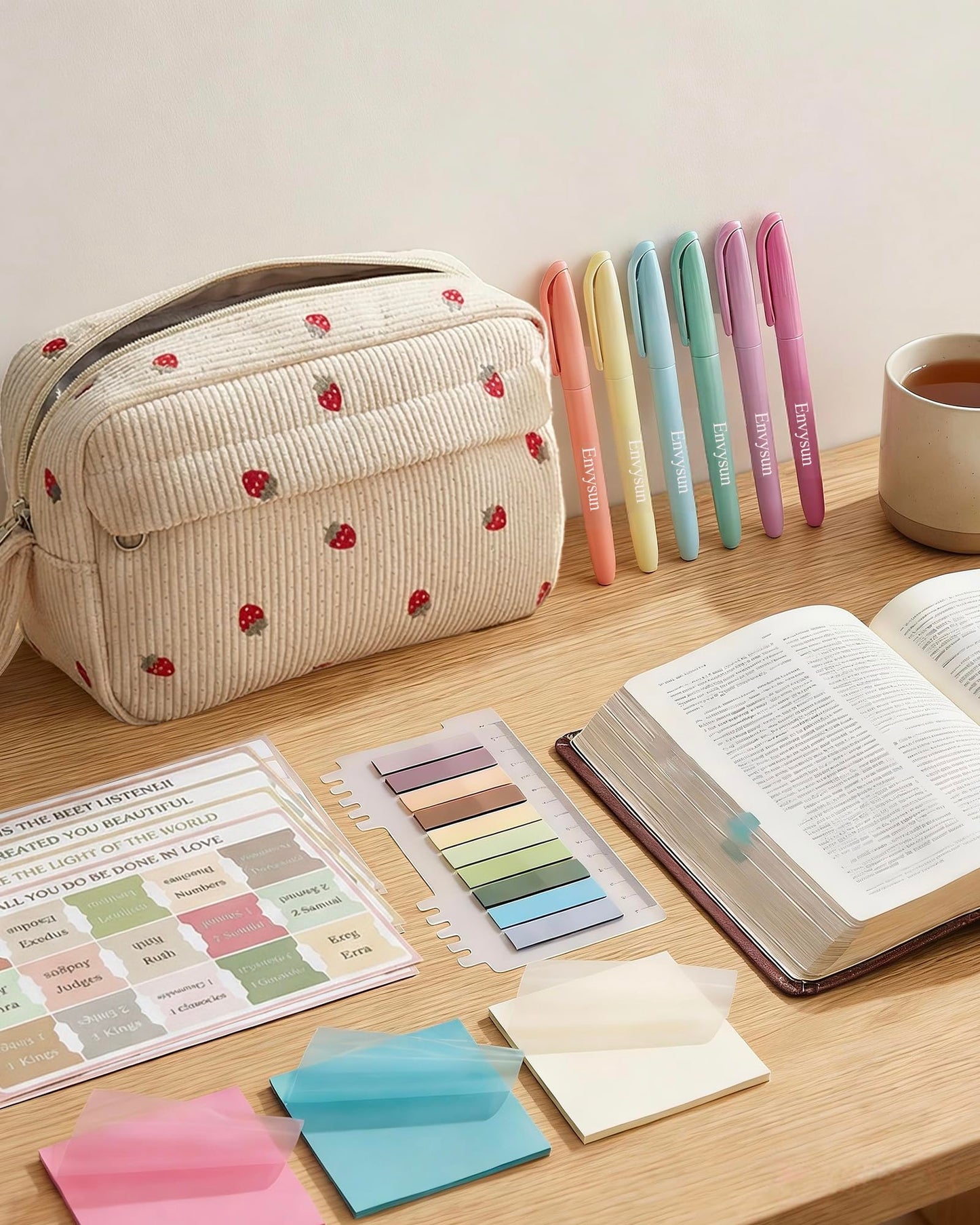 Envysun Bible Study Supplies Journaling Kit for Women - Bible Annotation Kit with No Bleed Highlighters, Tabs & Pen Case - Starter Christian Gift for Daily Devotion & Note Taking (Beige Strawberry)