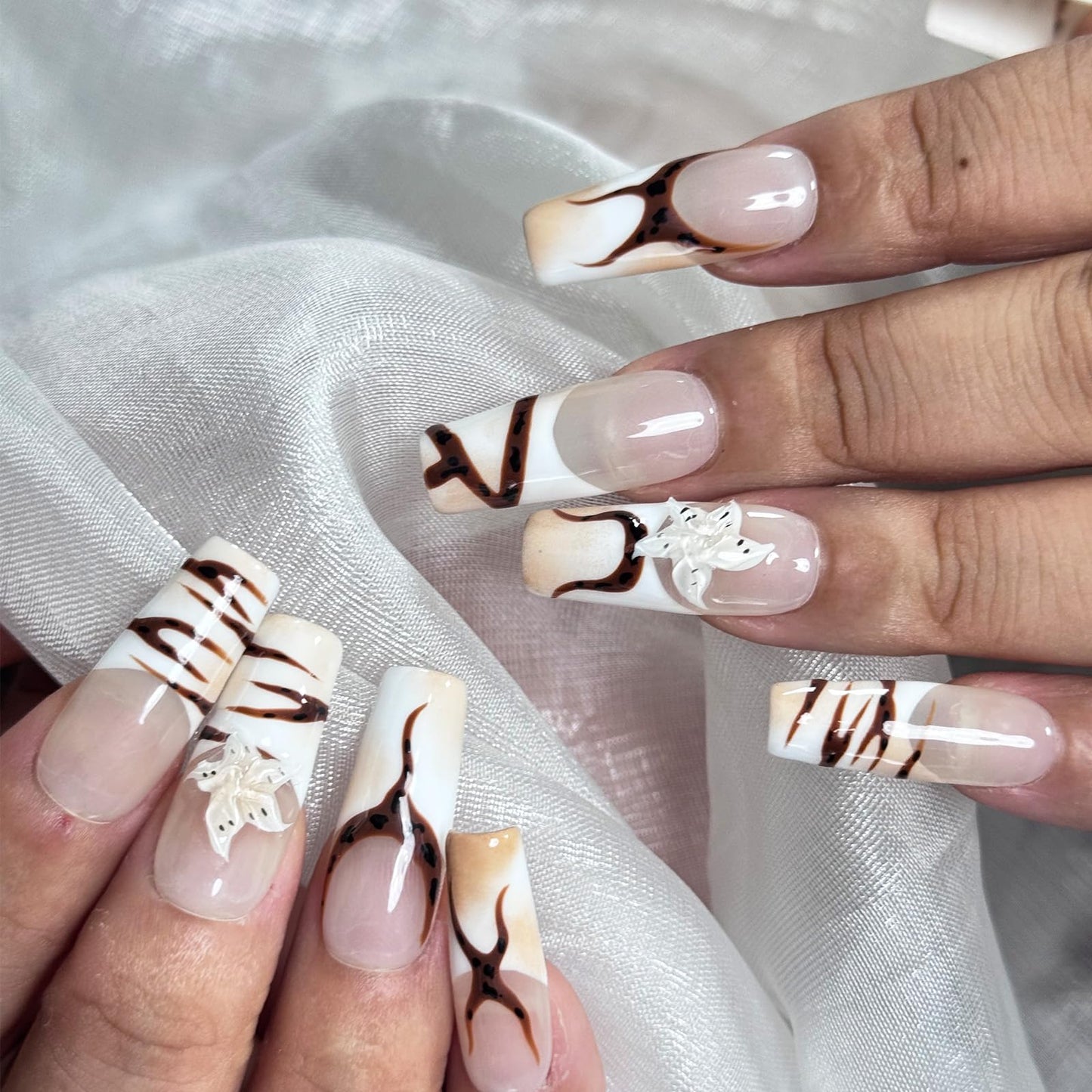 Handmade Press on Nails with Charms - Long Square French False Nails, Stars, Leopard, 3D Flower Embossed Designs for Women & Girls, Nail Kit S SIZE