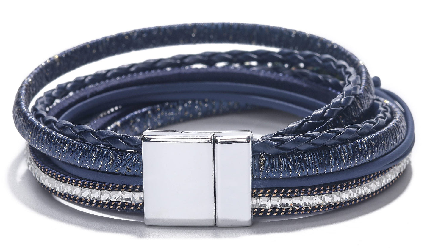 Leopard Bracelet for Women, Boho Leather Wrap Multi-Layer Pearl Crystal Bracelet Bangle Jewelry(Square(Blue))