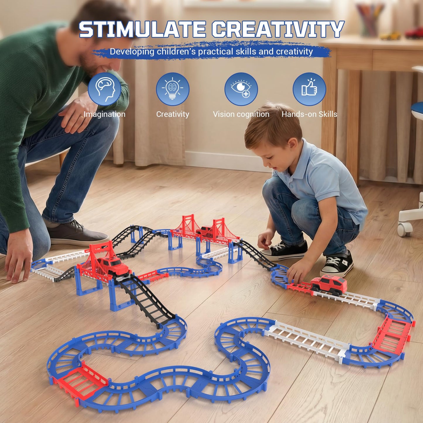 JOYBLI DIY Construction Race Track Set, 24 Pieces with Battery Powered Car,Bridge Building Track ，Assembly Track Builder Playset Gifts Toys for Boys Kids Age 6 7 8
