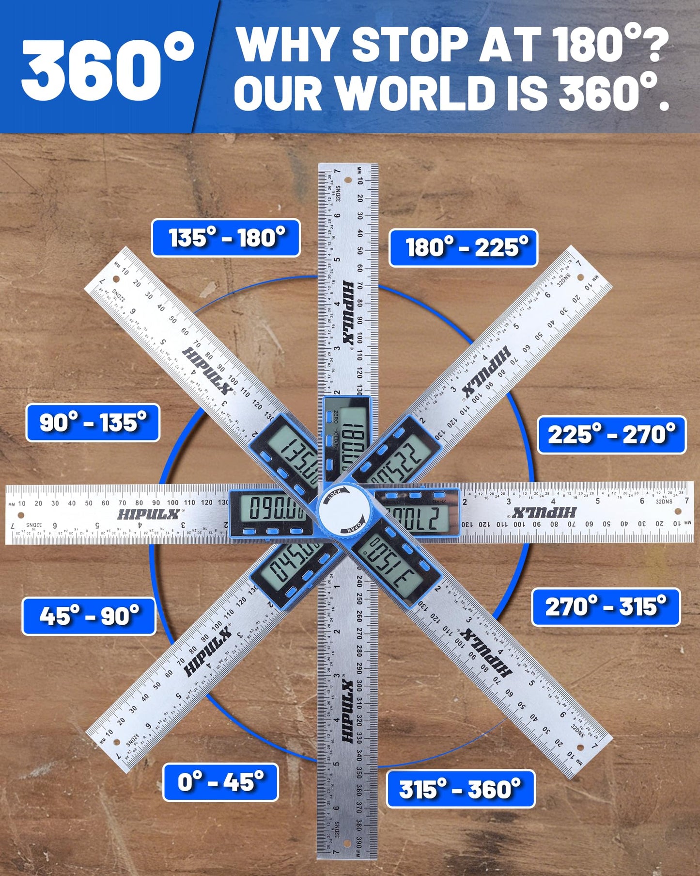HIPULX Digital Angle Finder Ruler, 7 Inch 2-in-1 Stainless Steel Angle Finder Tool, 360° Digital Protractor with LCD Display for Woodworking, Construction, Reverse Angle Measurement