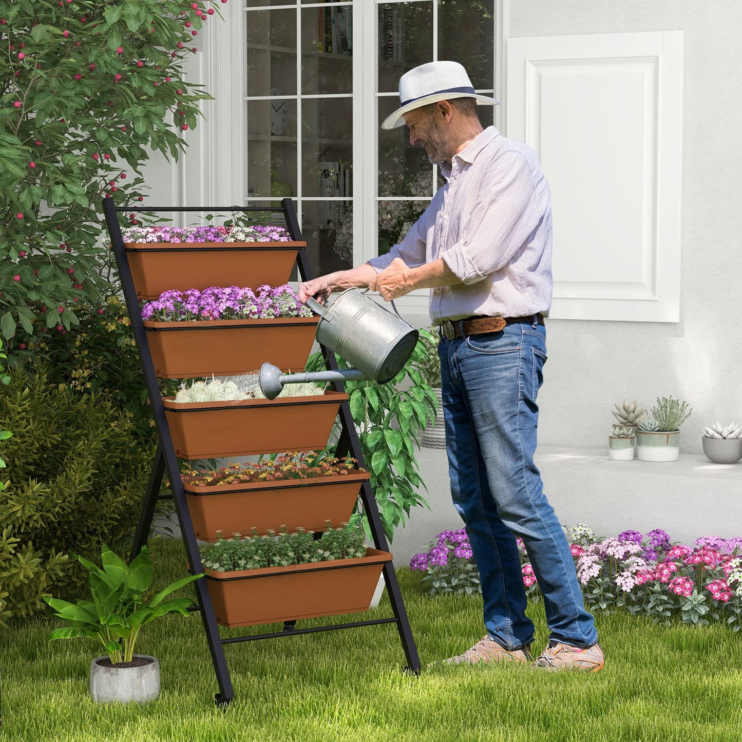 S AFSTAR 5-Tier Vertical Garden Planter, Raised Garden Bed with 2 Lockable Wheels, 5 Removable Planter Boxes, Metal Frame, Indoor Outdoor Elevated Planting Box for Flower Vegetables Fruit Herbs